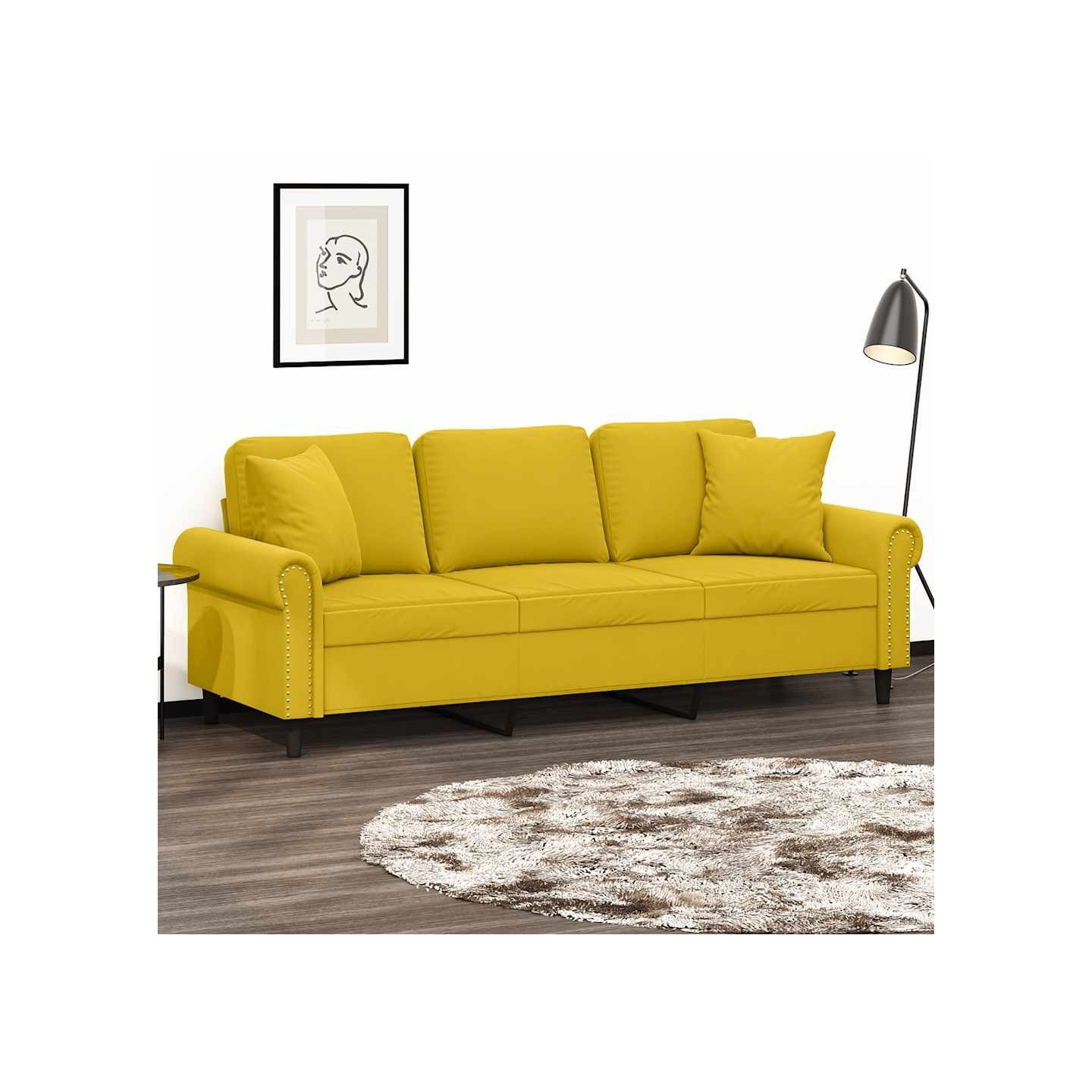 Canapé 3 places avec oreillers décoratifs jaune 180 cm velours