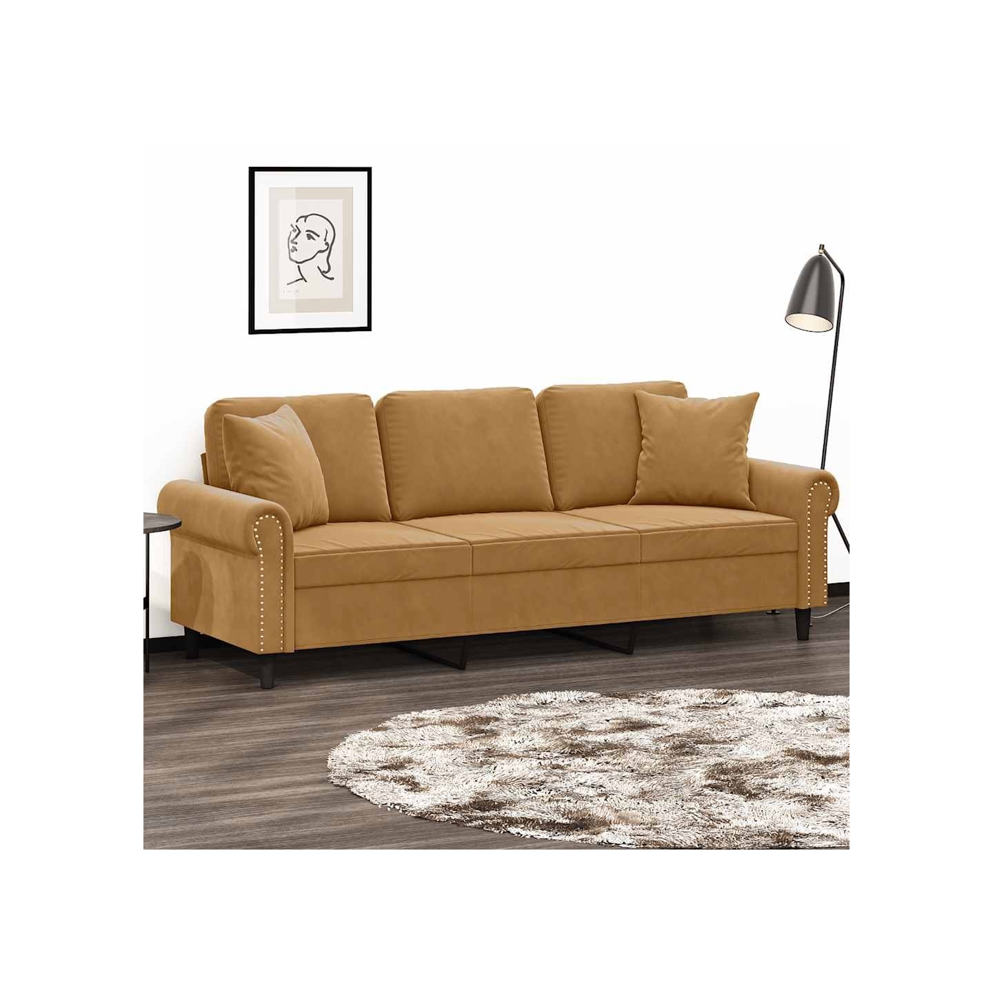 Canapé 3 places avec oreillers décoratifs marron 180 cm velours
