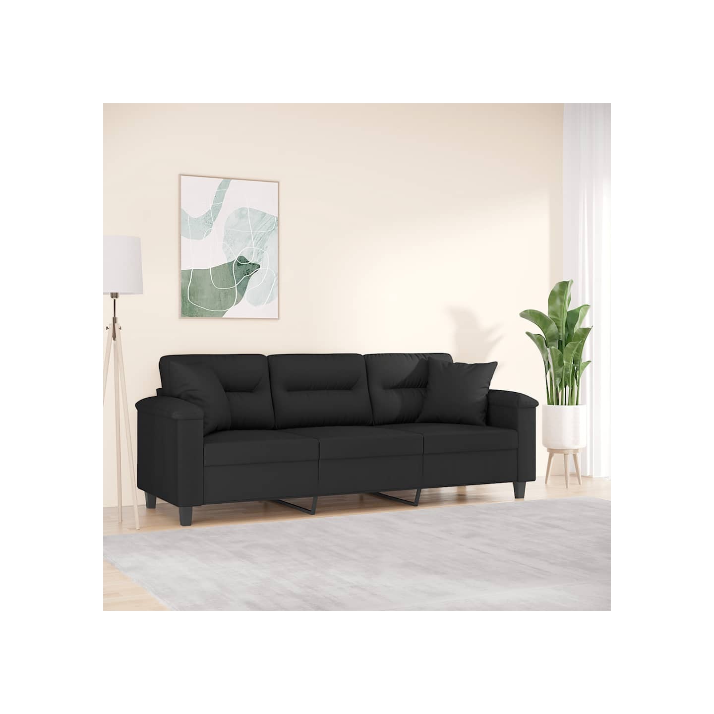 Canapé 3 places avec oreillers noir 180 cm tissu microfibre