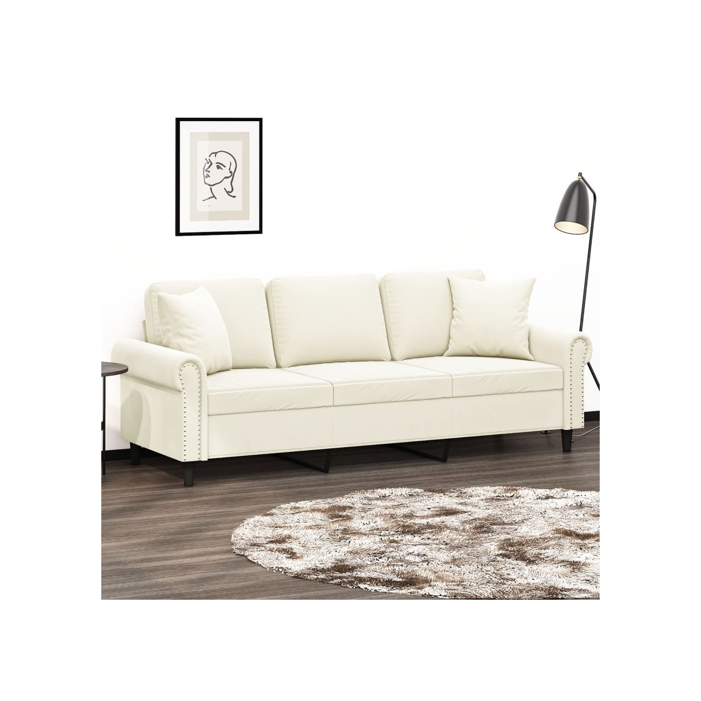 Canapé 3 places avec oreillers décoratifs crème 180 cm velours