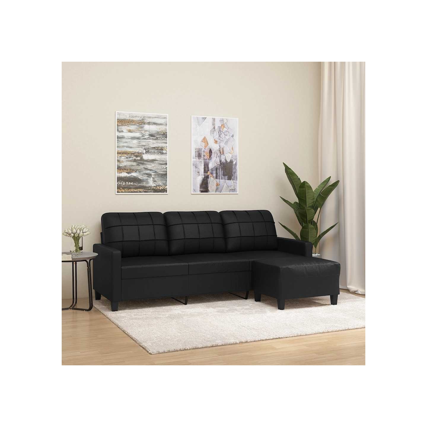 Canapé à 3 places avec repose-pieds Noir 180 cm Similicuir