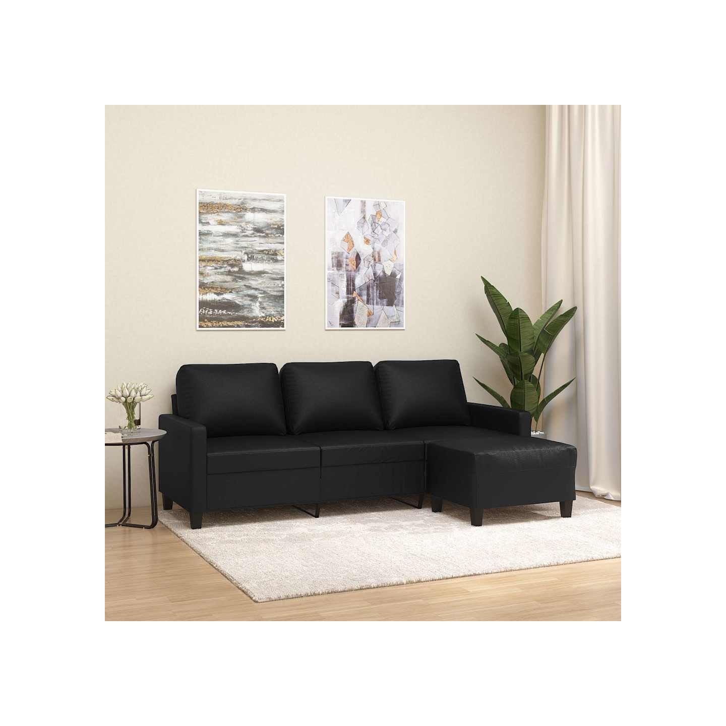 Canapé à 3 places avec repose-pieds Noir 180 cm Similicuir