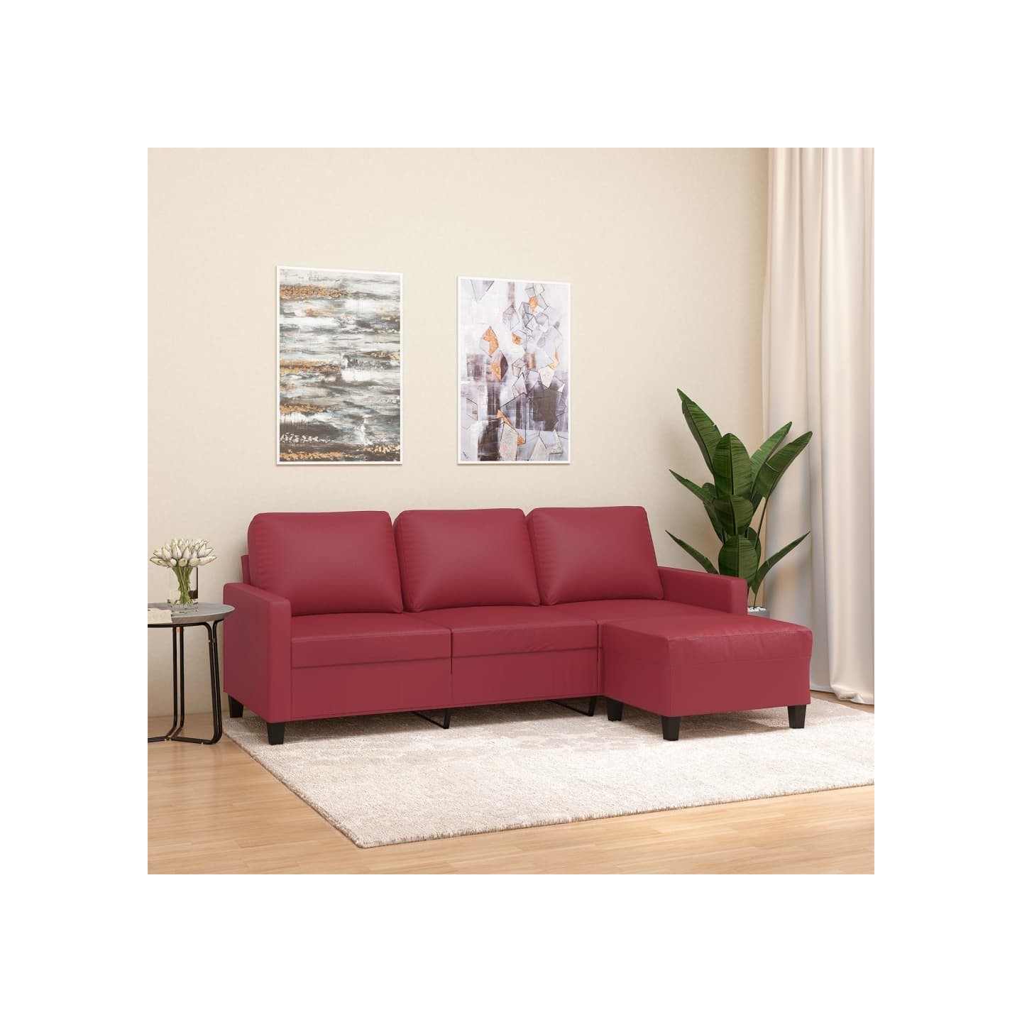 Canapé à 3 places repose-pieds Rouge bordeaux 180 cm Similicuir