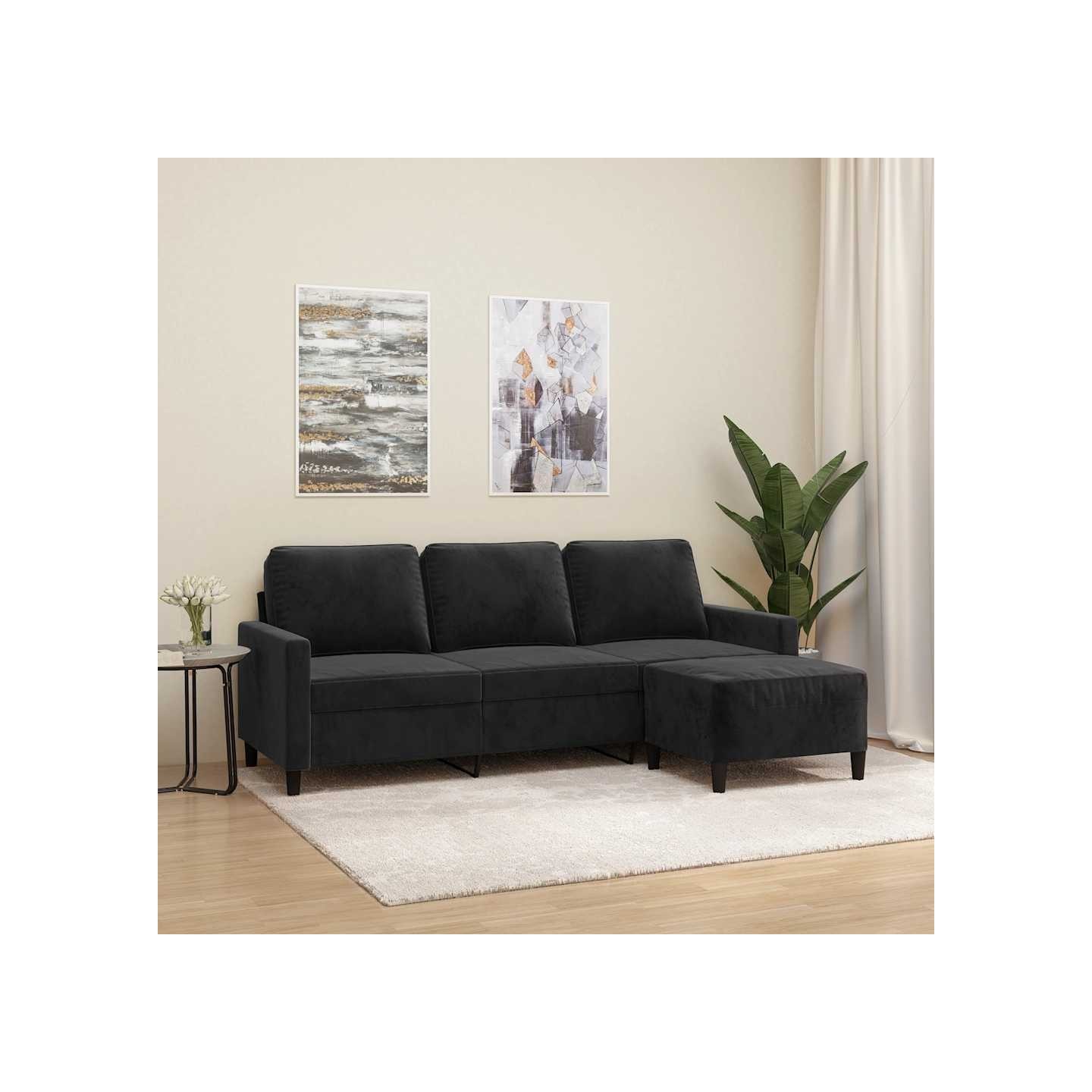 Canapé à 3 places avec repose-pieds Noir 180 cm Velours