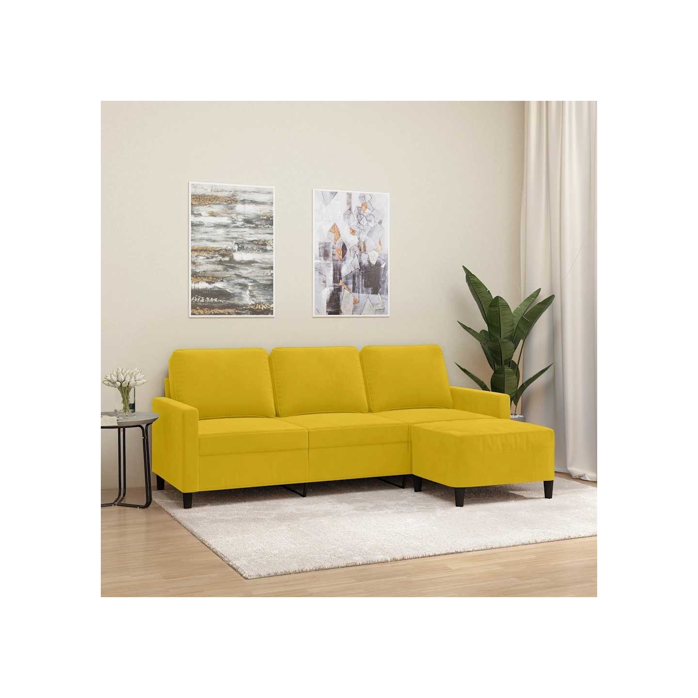 Canapé à 3 places avec repose-pieds jaune 180 cm velours