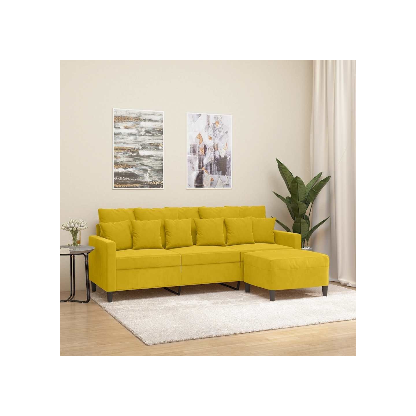 Canapé à 3 places avec repose-pieds jaune 180 cm velours