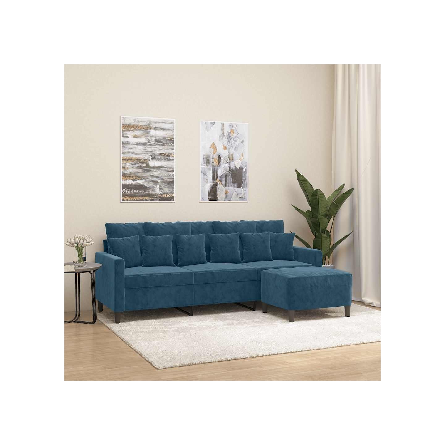 Canapé à 3 places avec repose-pieds Bleu 180 cm Velours