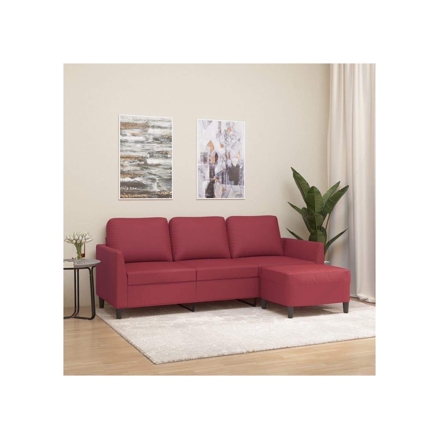 Canapé à 3 places repose-pieds Rouge bordeaux 180 cm Similicuir