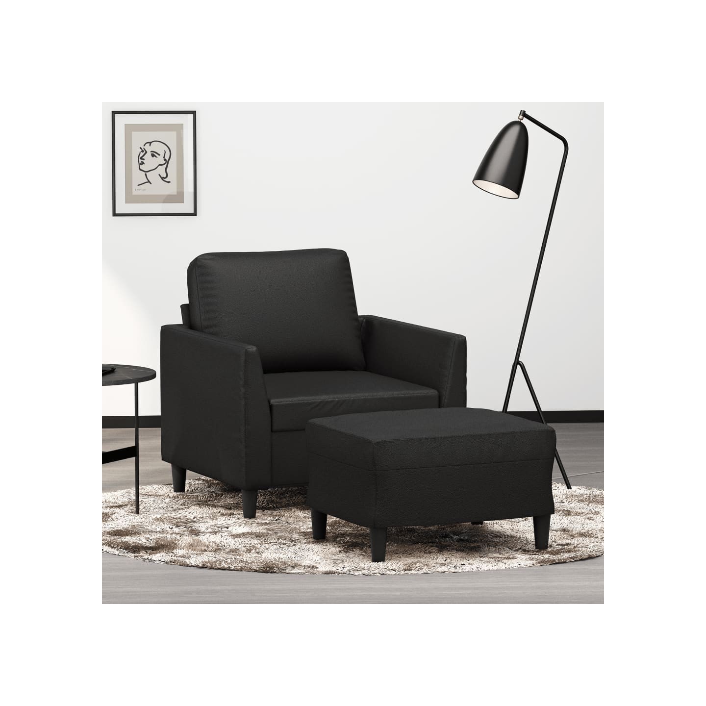Fauteuil avec repose-pied Noir 60 cm Similicuir