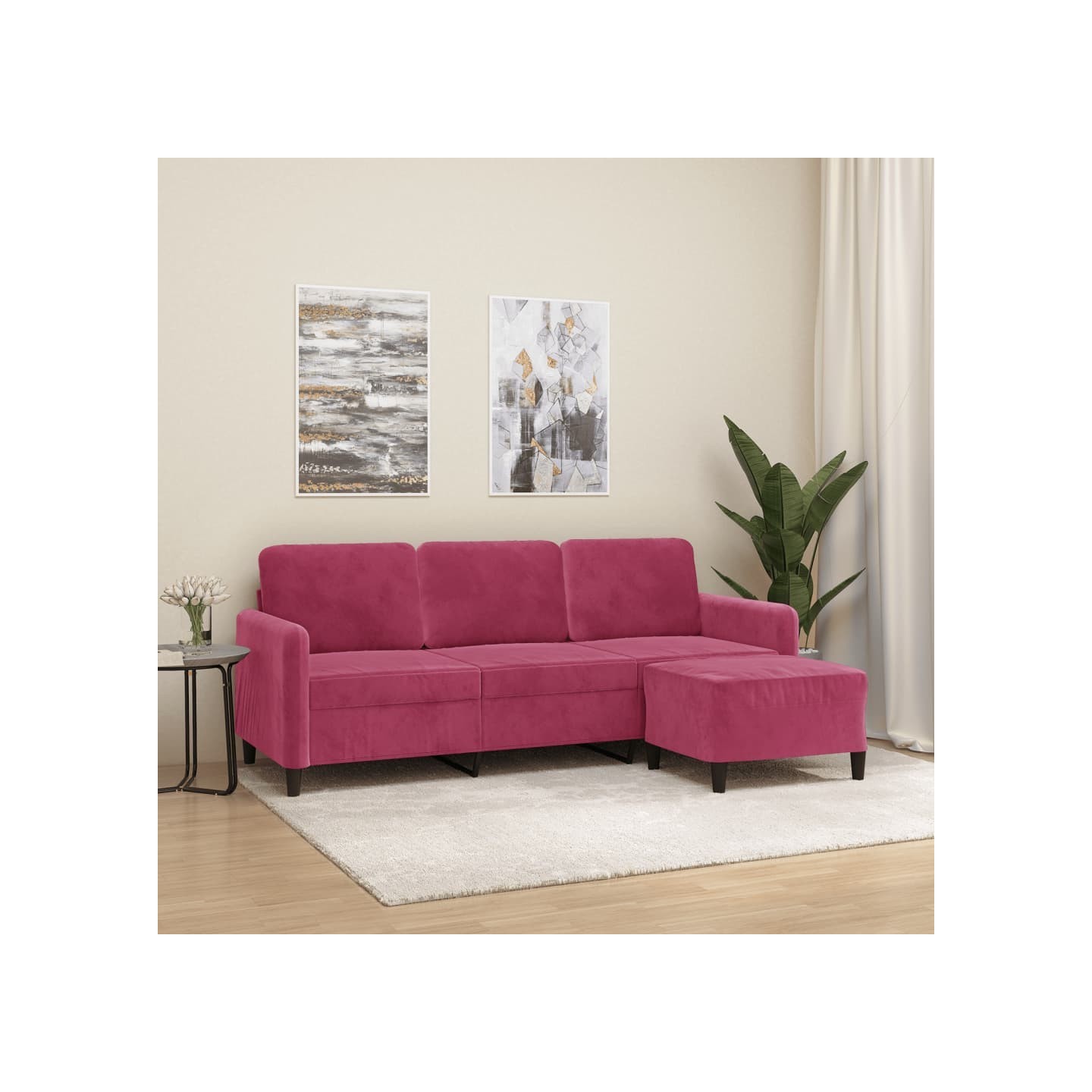 Canapé à 3 places et repose-pieds Rouge bordeaux 180 cm Velours