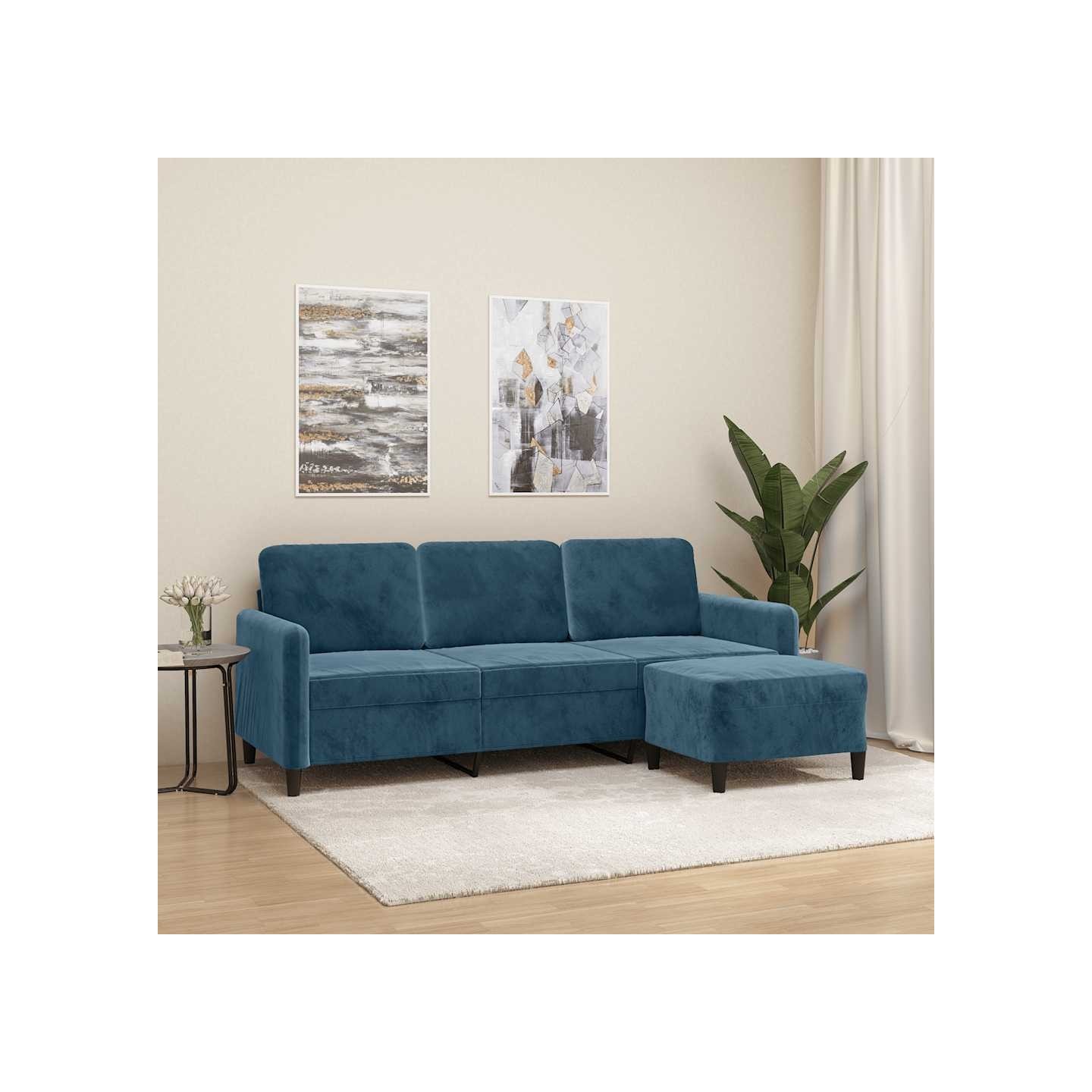Canapé à 3 places avec repose-pieds Bleu 180 cm Velours