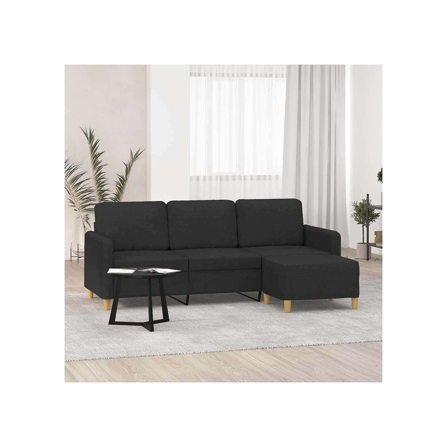 Canapé à 3 places avec repose-pieds Noir 180 cm Tissu