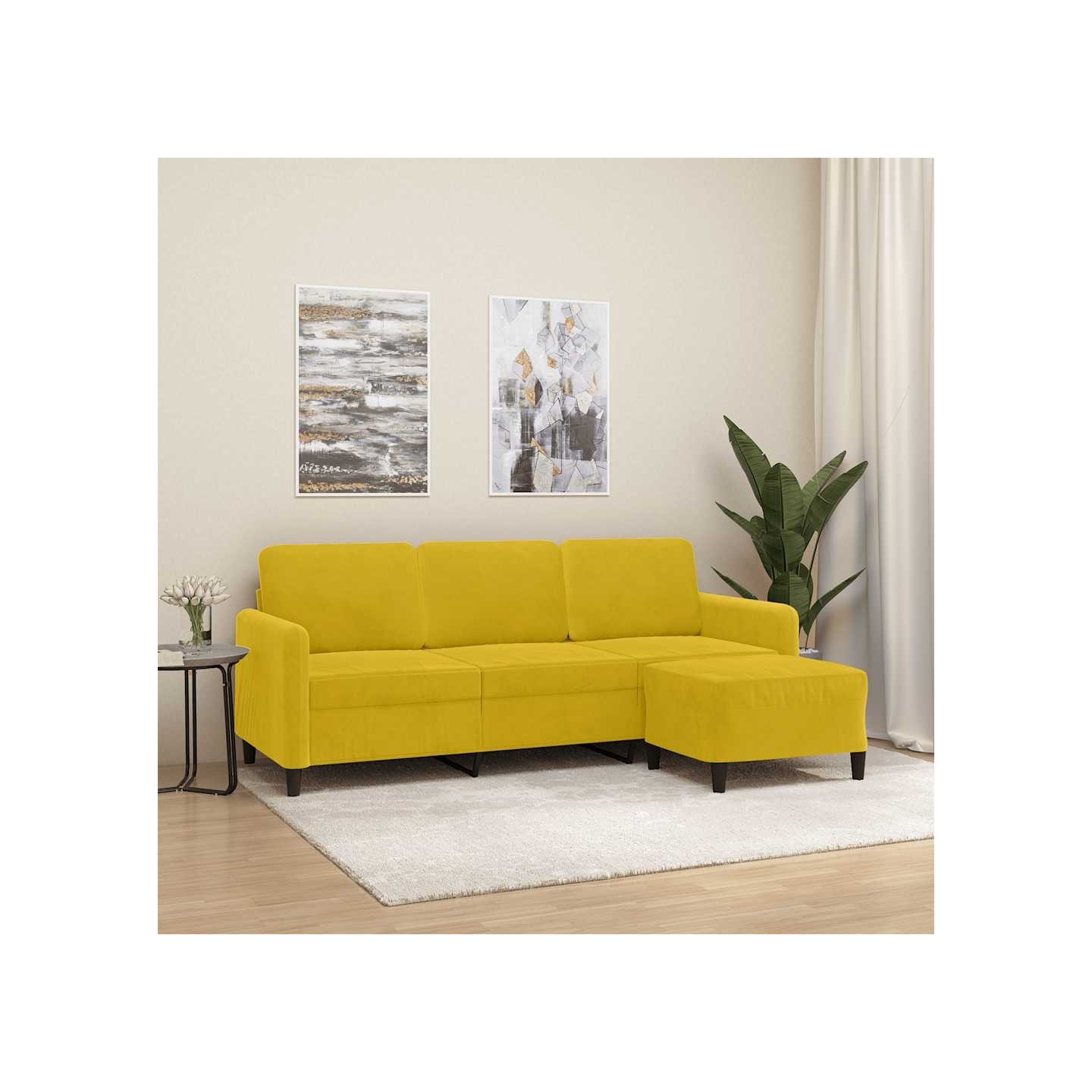 Canapé à 3 places avec repose-pieds jaune 180 cm velours