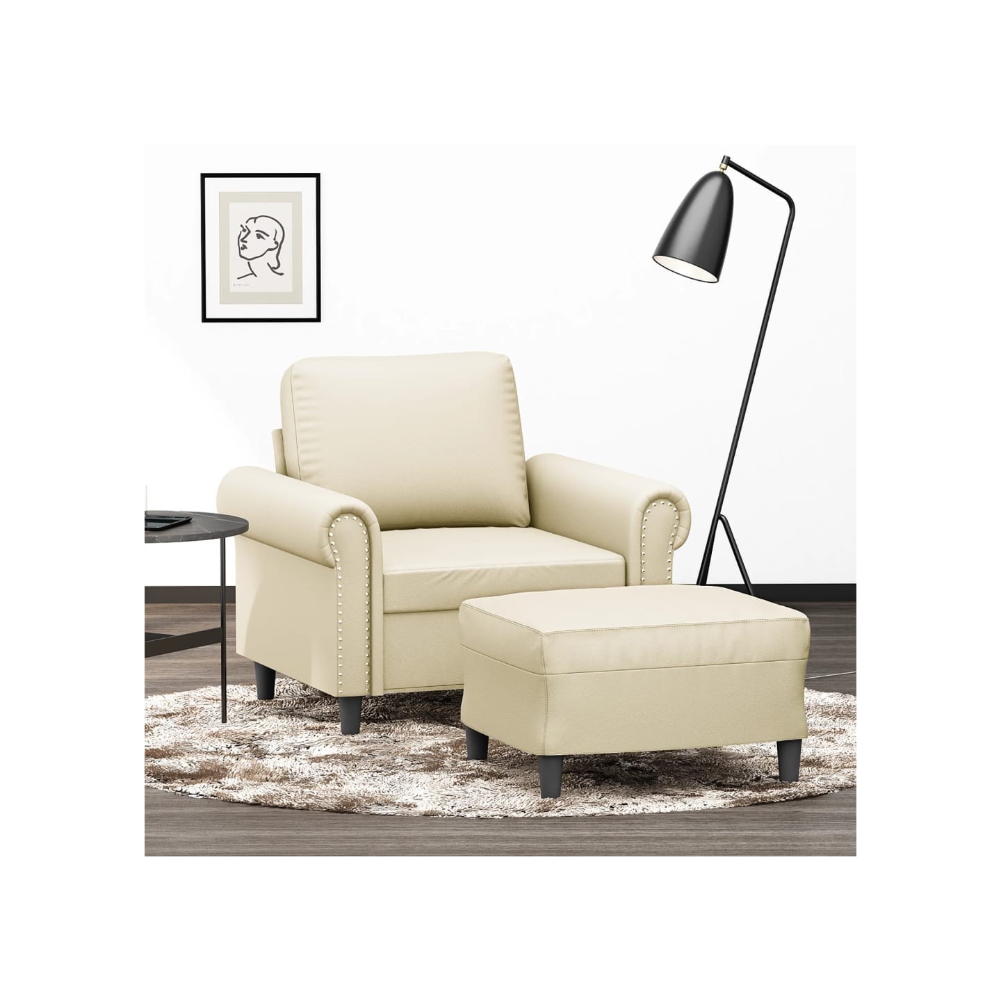Fauteuil avec repose-pied Crème 60 cm Similicuir