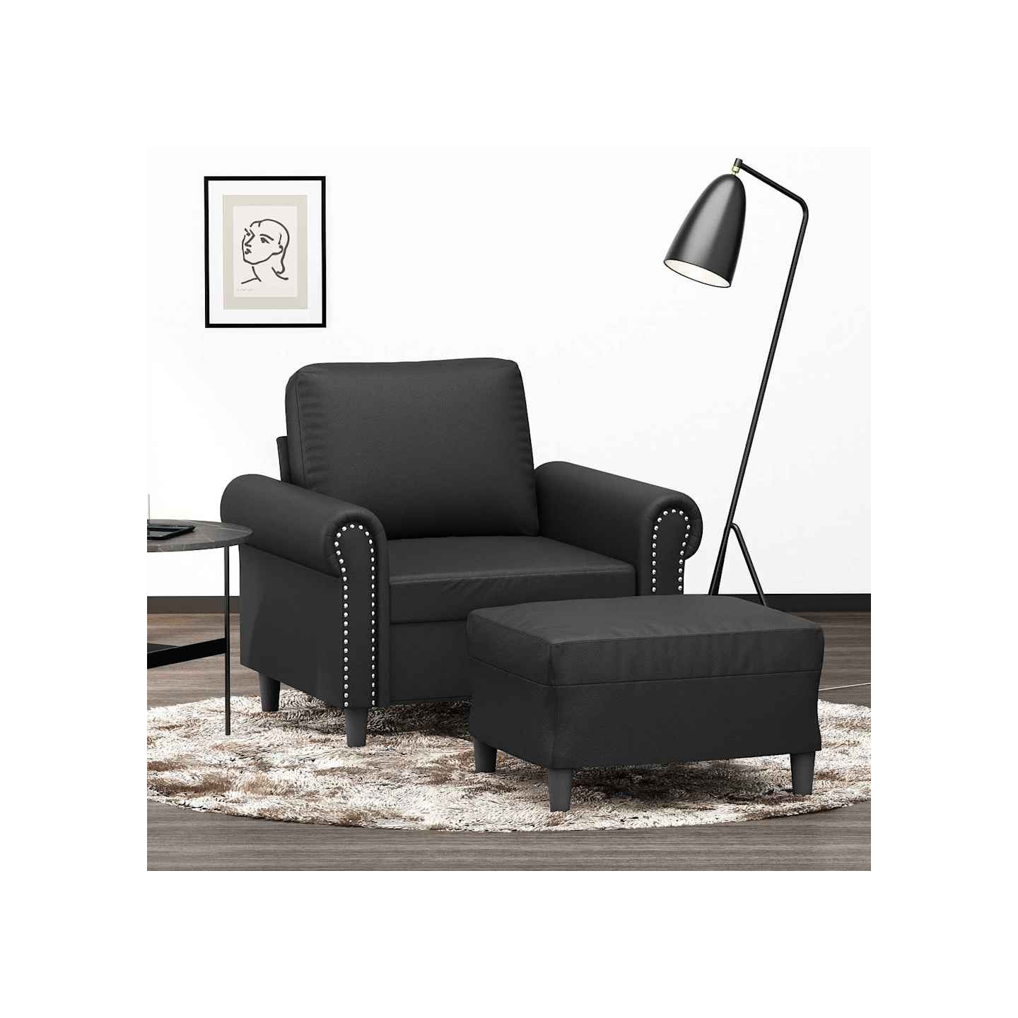 Fauteuil avec repose-pied Noir 60 cm Similicuir