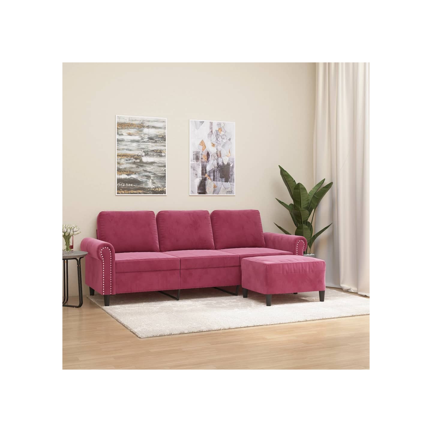 Canapé à 3 places et repose-pieds Rouge bordeaux 180 cm Velours
