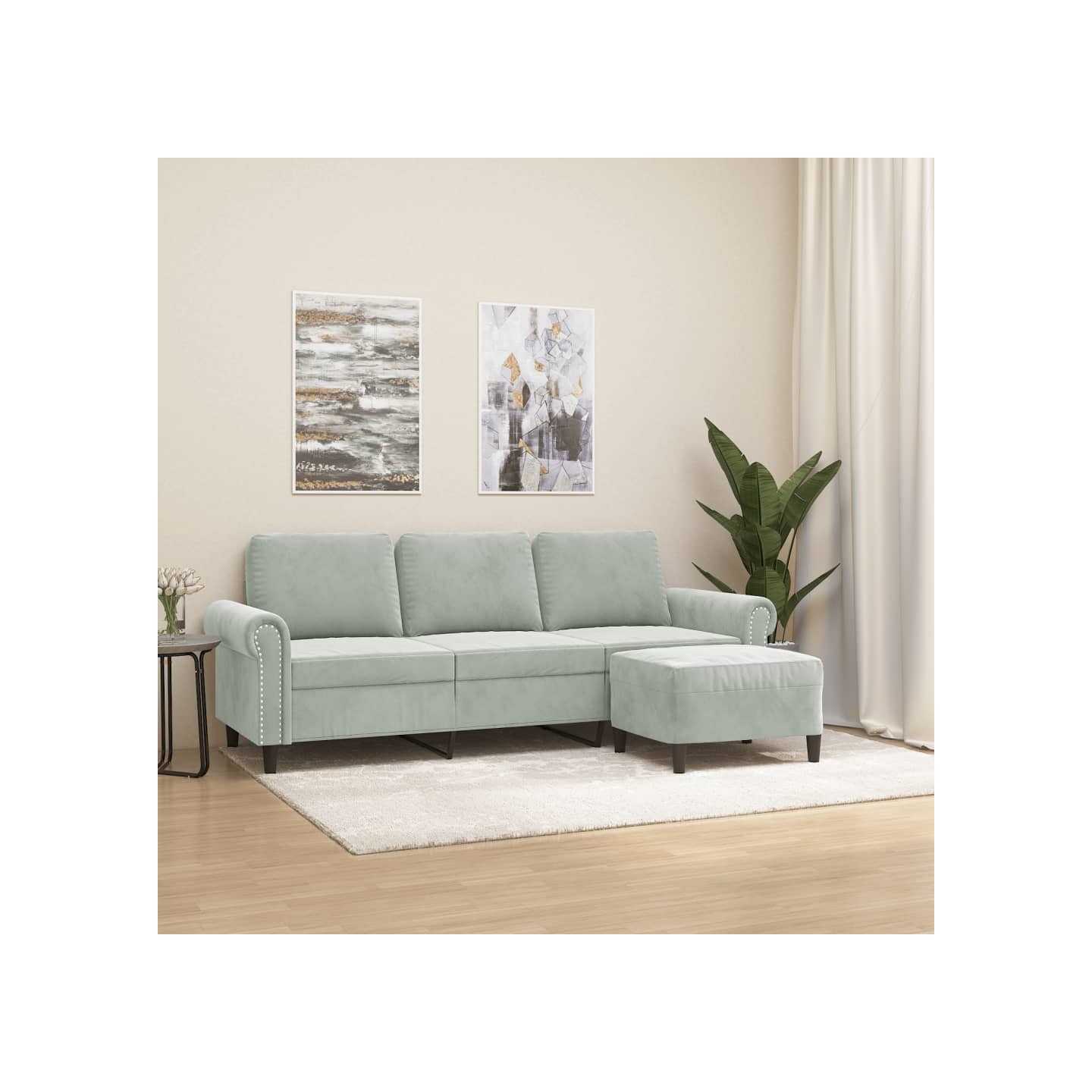 Canapé à 3 places avec repose-pieds Gris clair 180 cm Velours