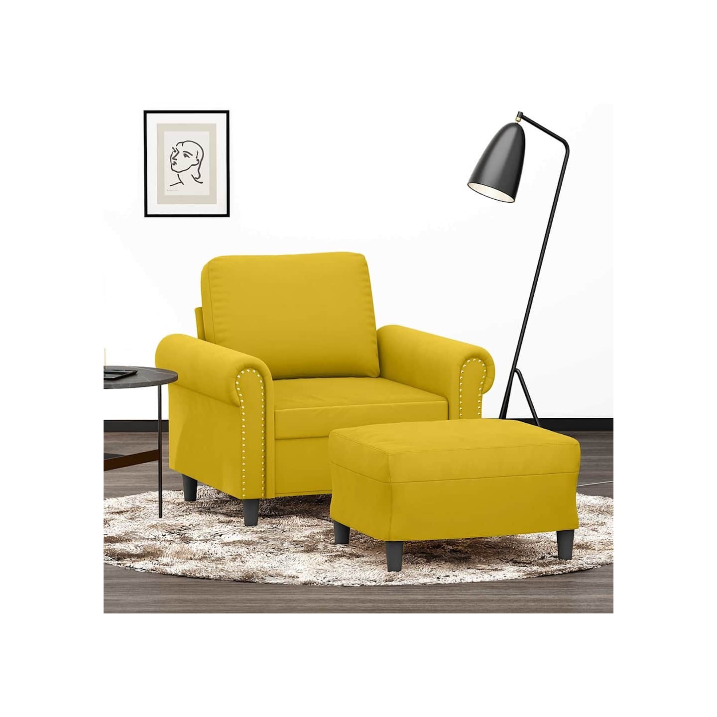 Fauteuil avec repose-pied jaune 60 cm velours