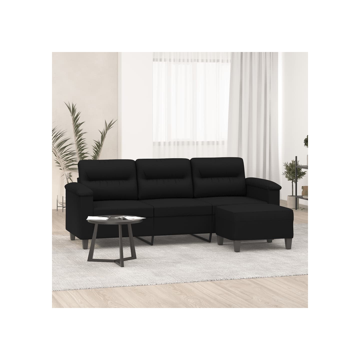Canapé 3 places avec repose-pieds Noir 180 cm Tissu microfibre