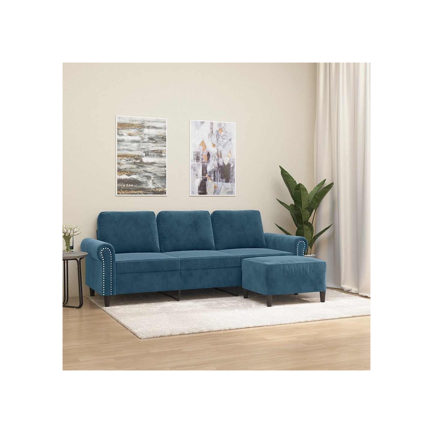 Canapé à 3 places avec repose-pieds Bleu 180 cm Velours