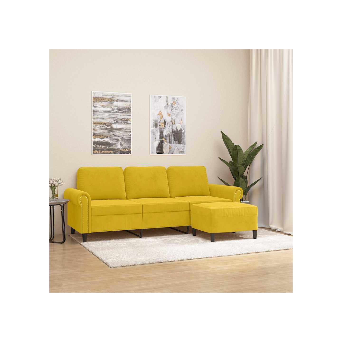Canapé à 3 places avec repose-pieds jaune 180 cm velours