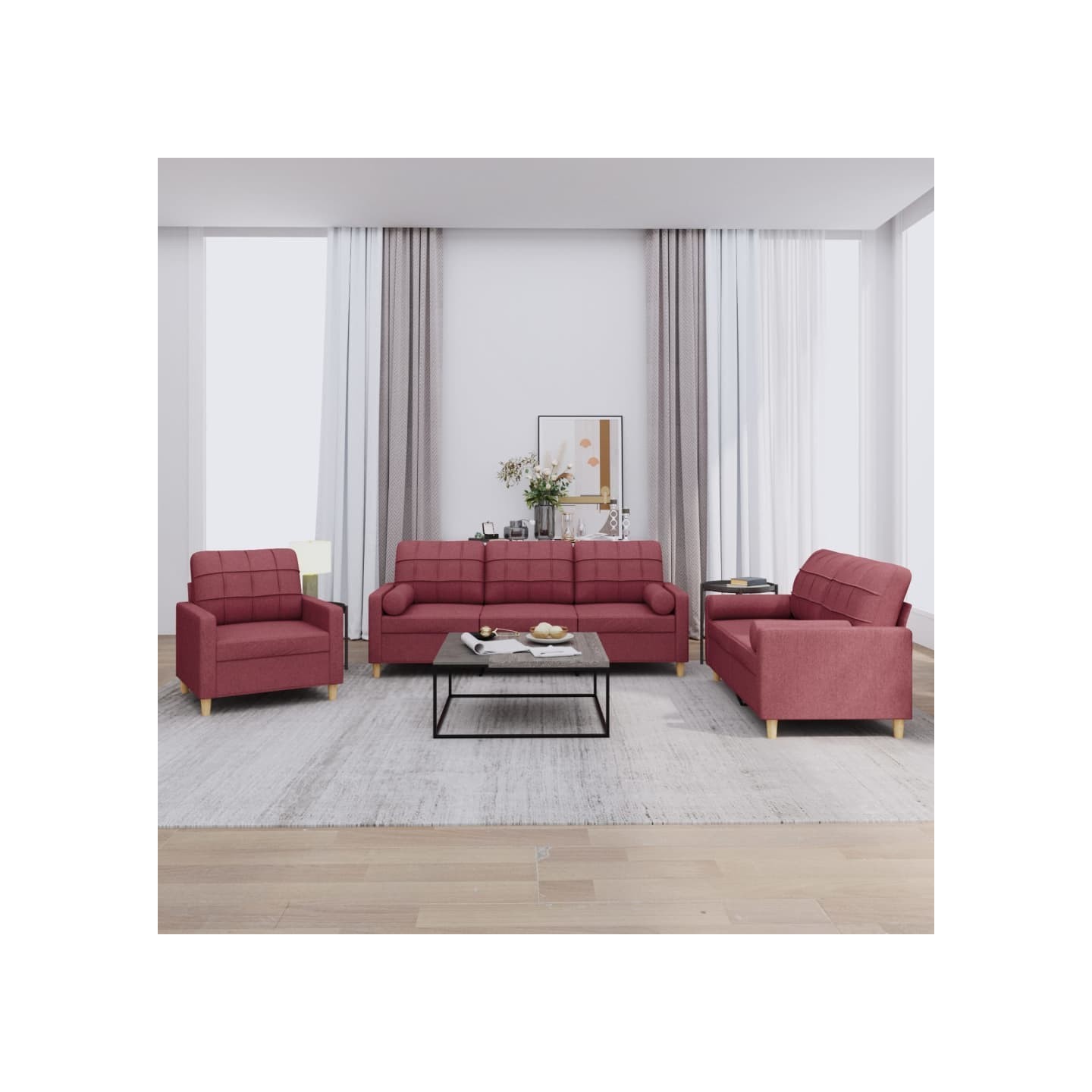 Ensemble de canapés 3 pcs avec coussins rouge bordeaux tissu