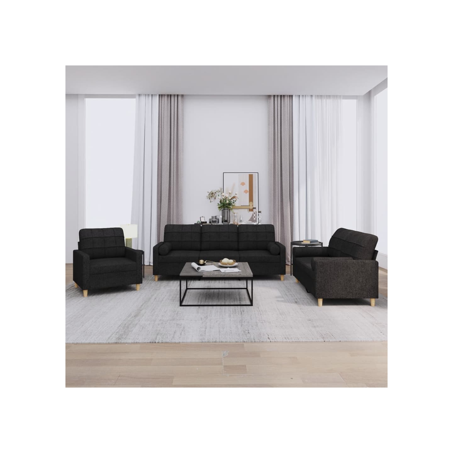 Ensemble de canapés 3 pcs avec coussins noir tissu
