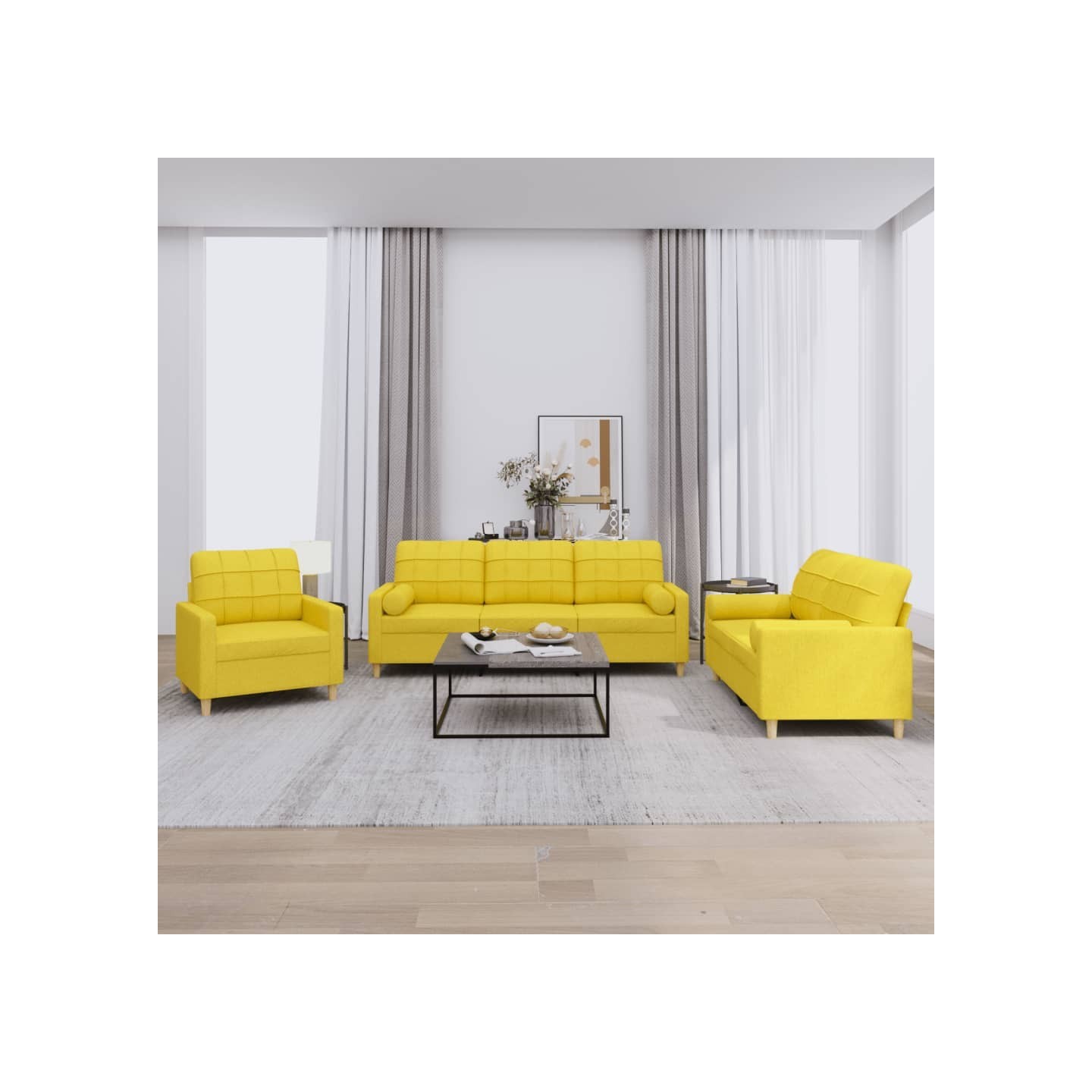 Ensemble de canapés 3 pcs avec coussins jaune clair tissu