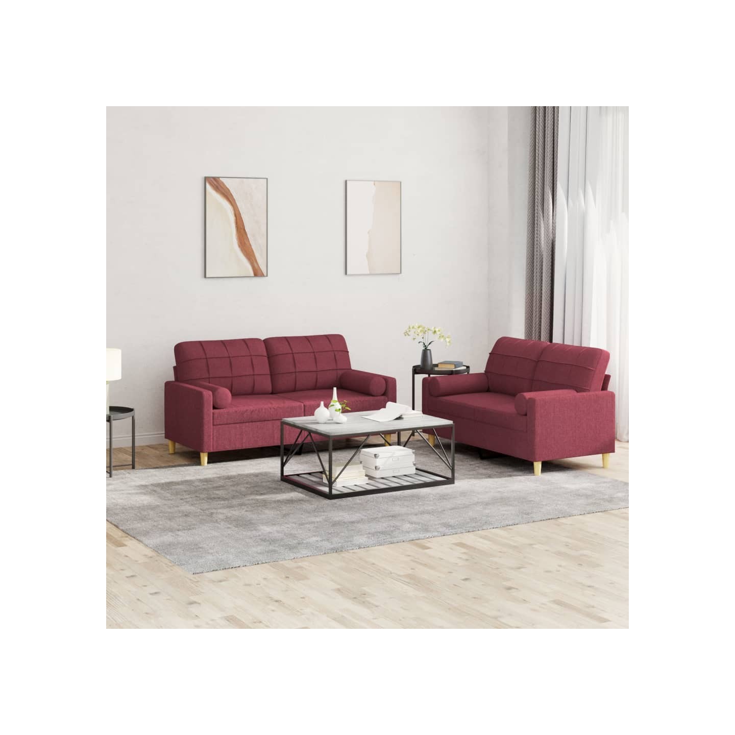 Ensemble de canapés 2 pcs avec coussins rouge bordeaux tissu