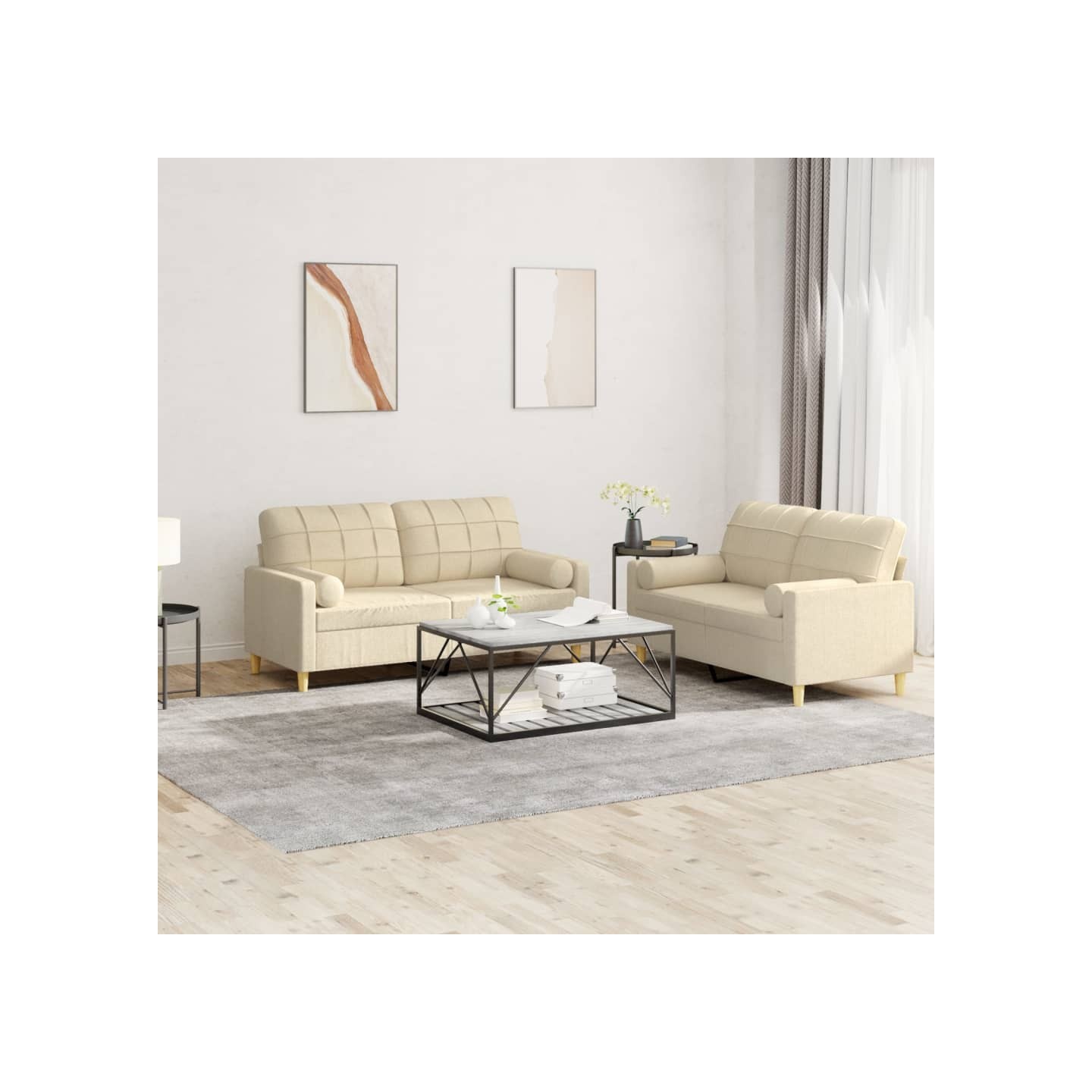 Ensemble de canapés 2 pcs avec coussins crème tissu
