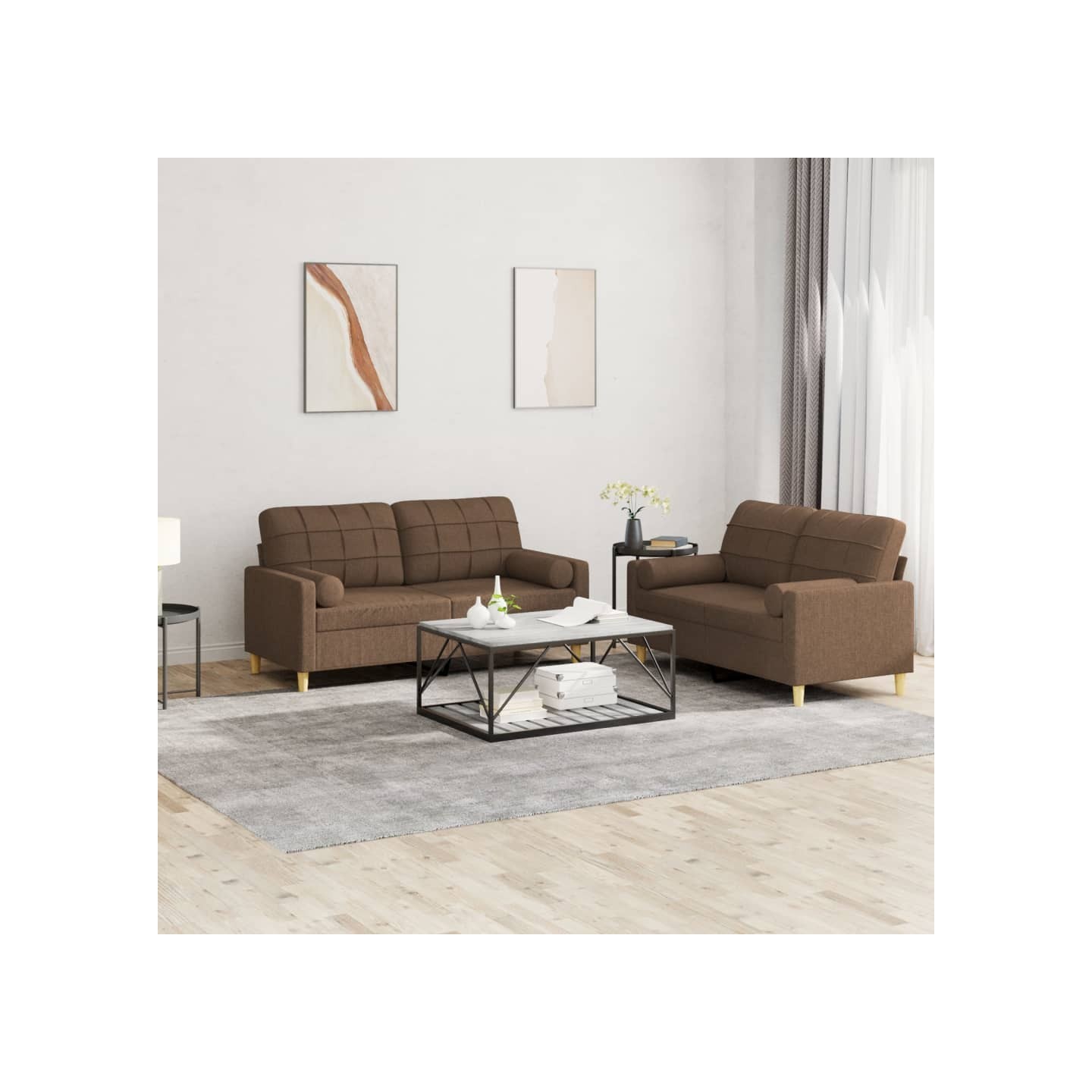 Ensemble de canapés 2 pcs avec coussins marron tissu