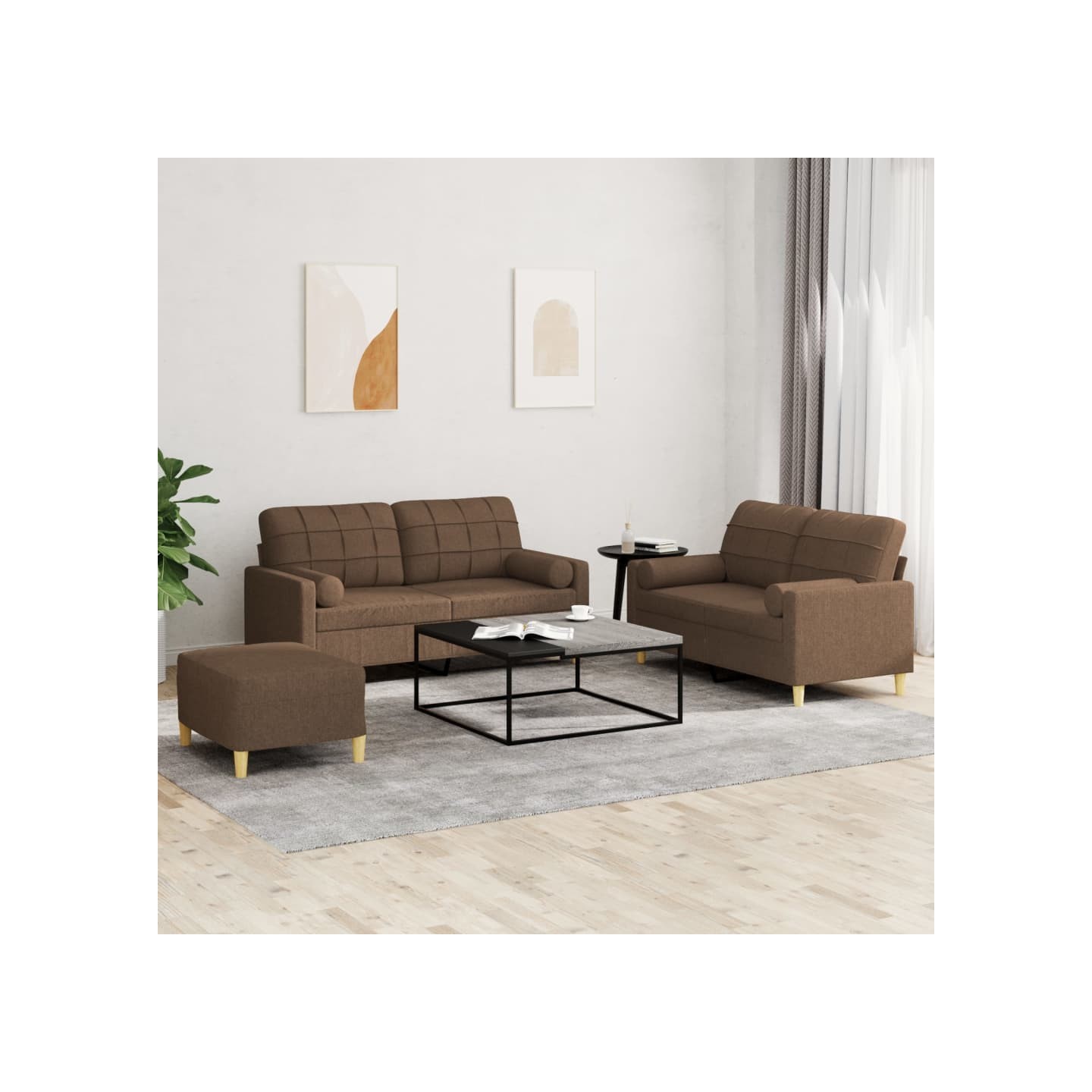 Ensemble de canapés 3 pcs avec coussins marron tissu