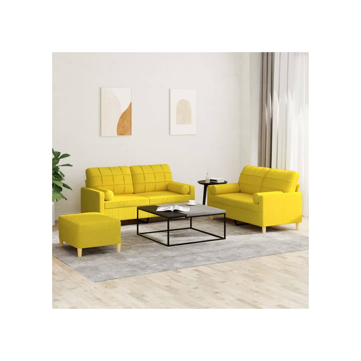 Ensemble de canapés 3 pcs avec coussins jaune clair tissu