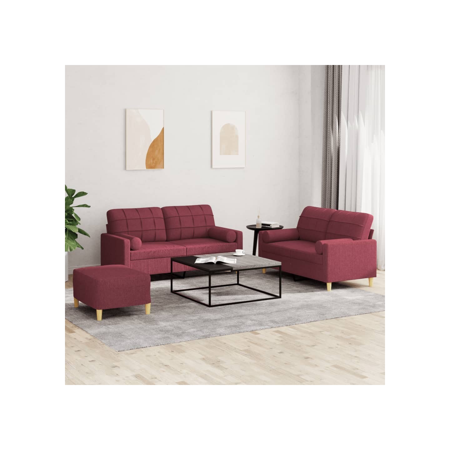 Ensemble de canapés 3 pcs avec coussins rouge bordeaux tissu