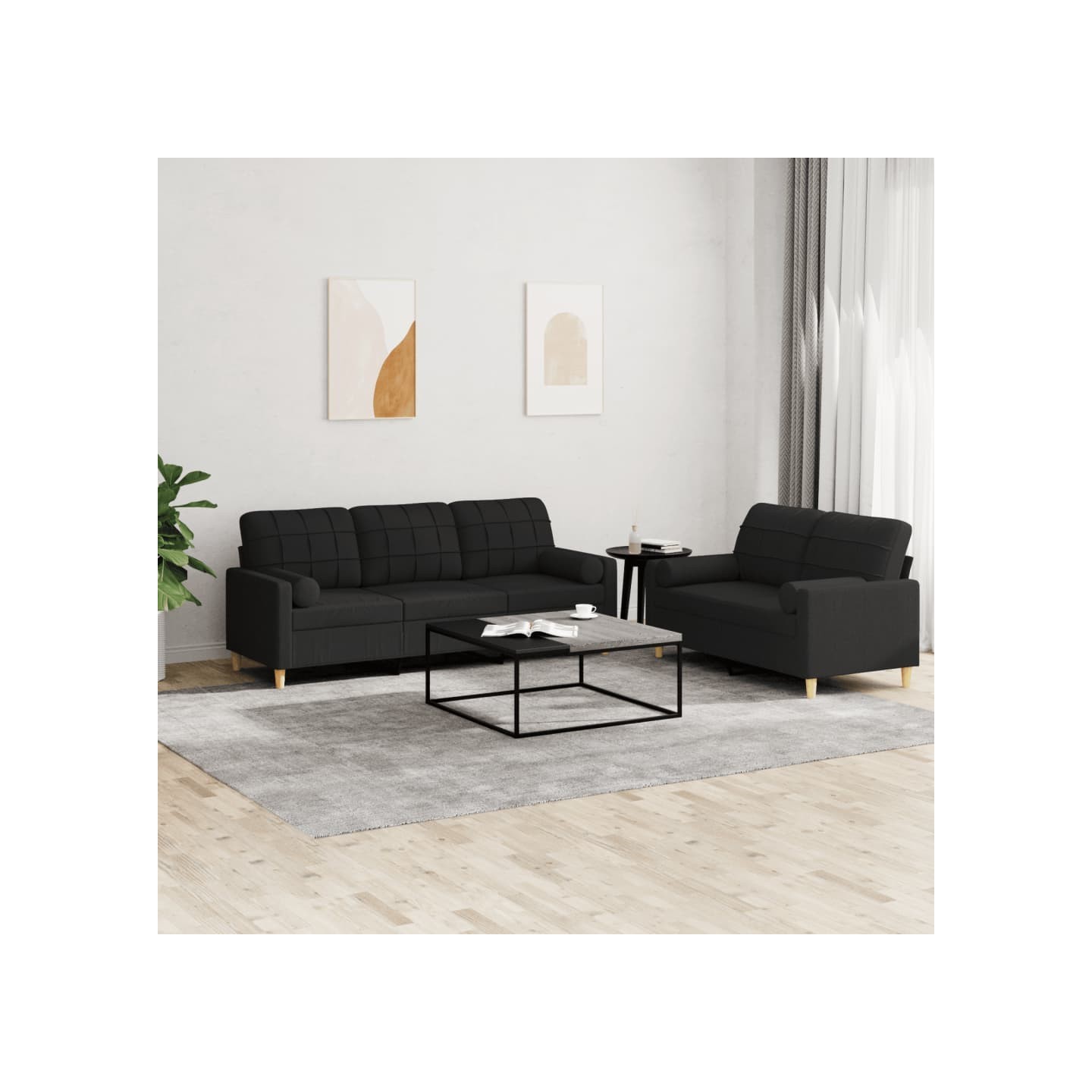 Ensemble de canapés 2 pcs avec coussins noir tissu