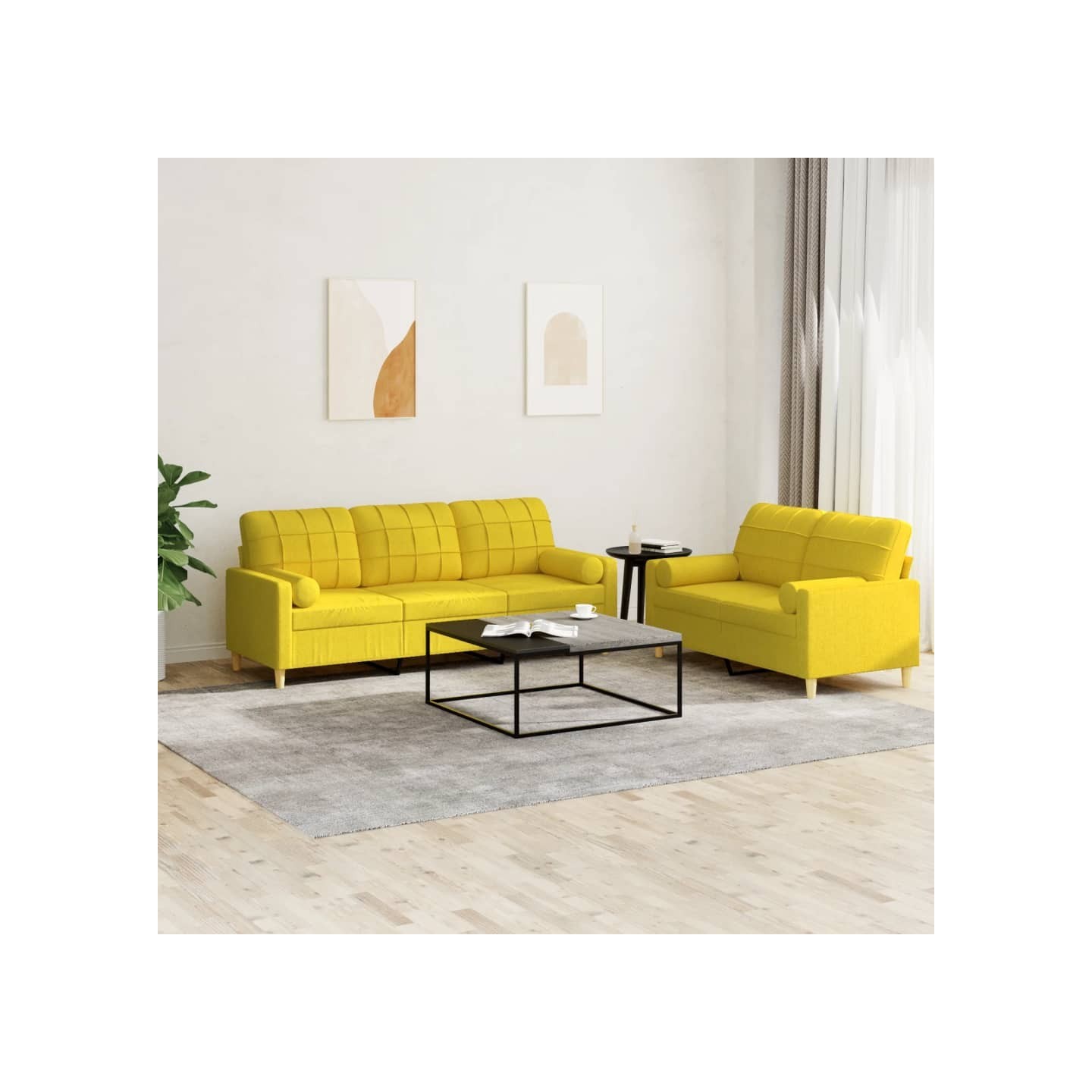 Ensemble de canapés 2 pcs avec coussins jaune clair tissu