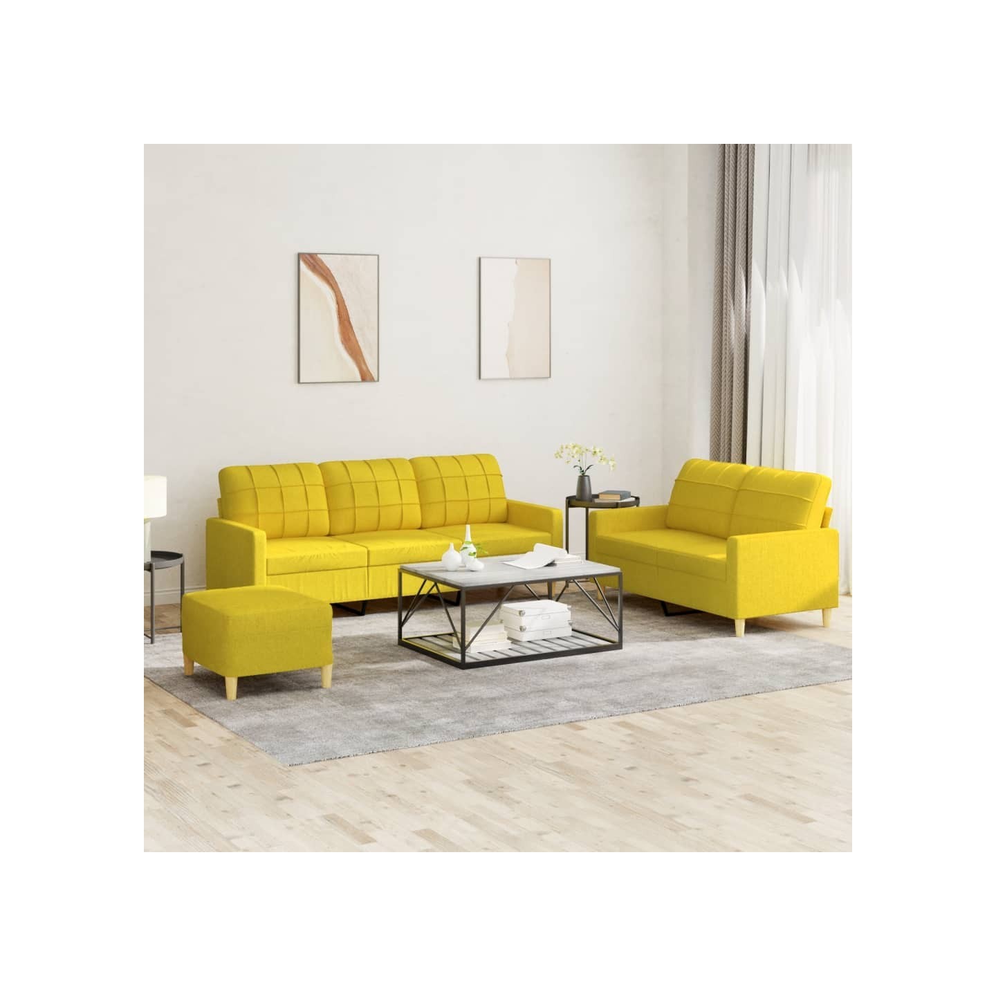 Ensemble de canapés 3 pcs avec coussins Jaune clair Tissu