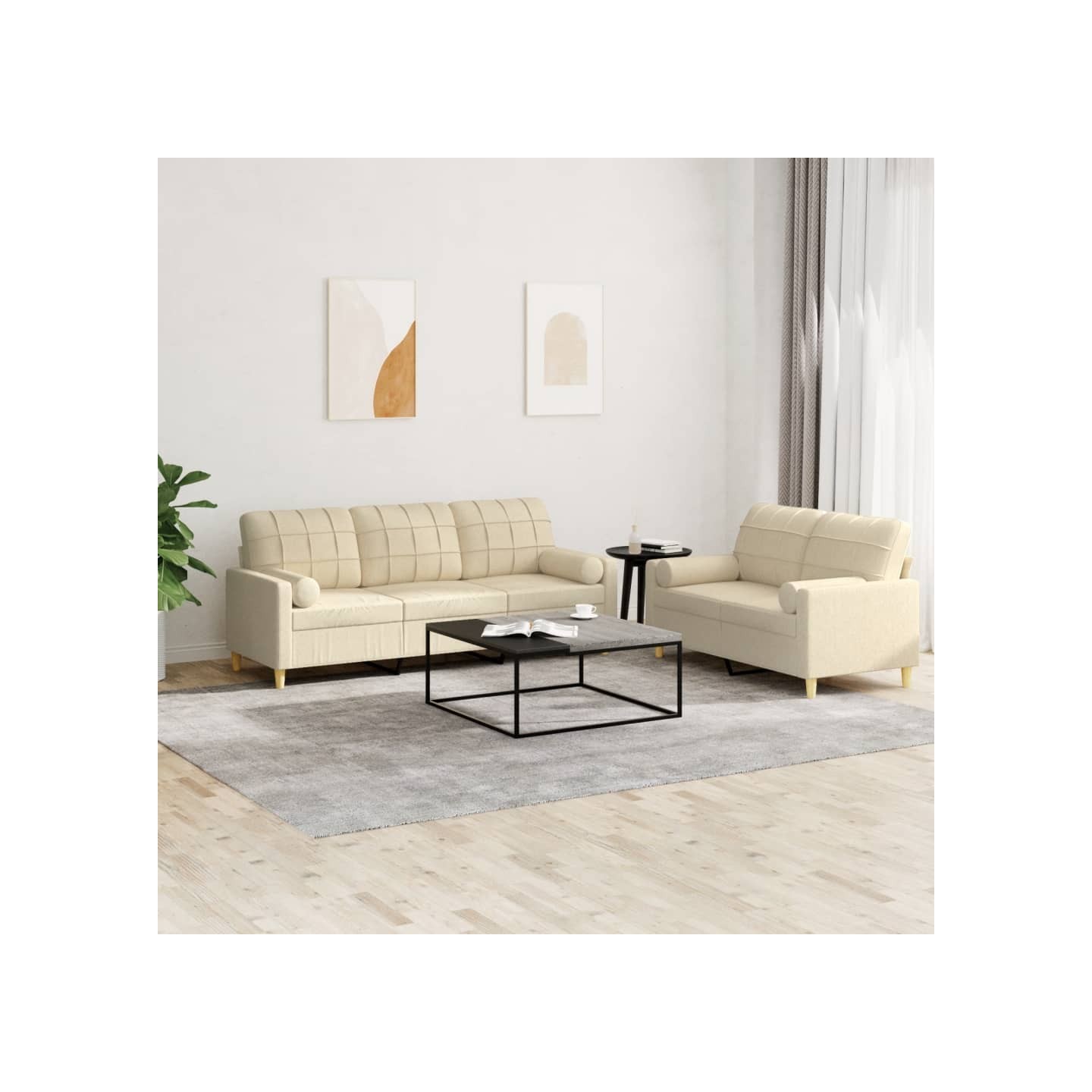 Ensemble de canapés 2 pcs avec coussins crème tissu