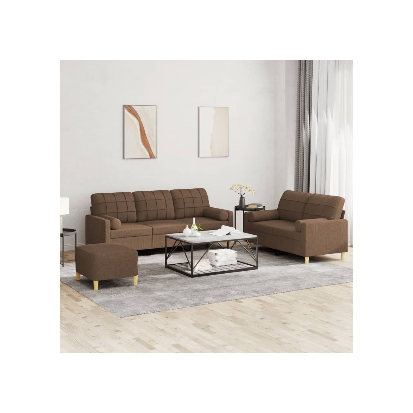 Ensemble de canapés 3 pcs avec coussins marron tissu