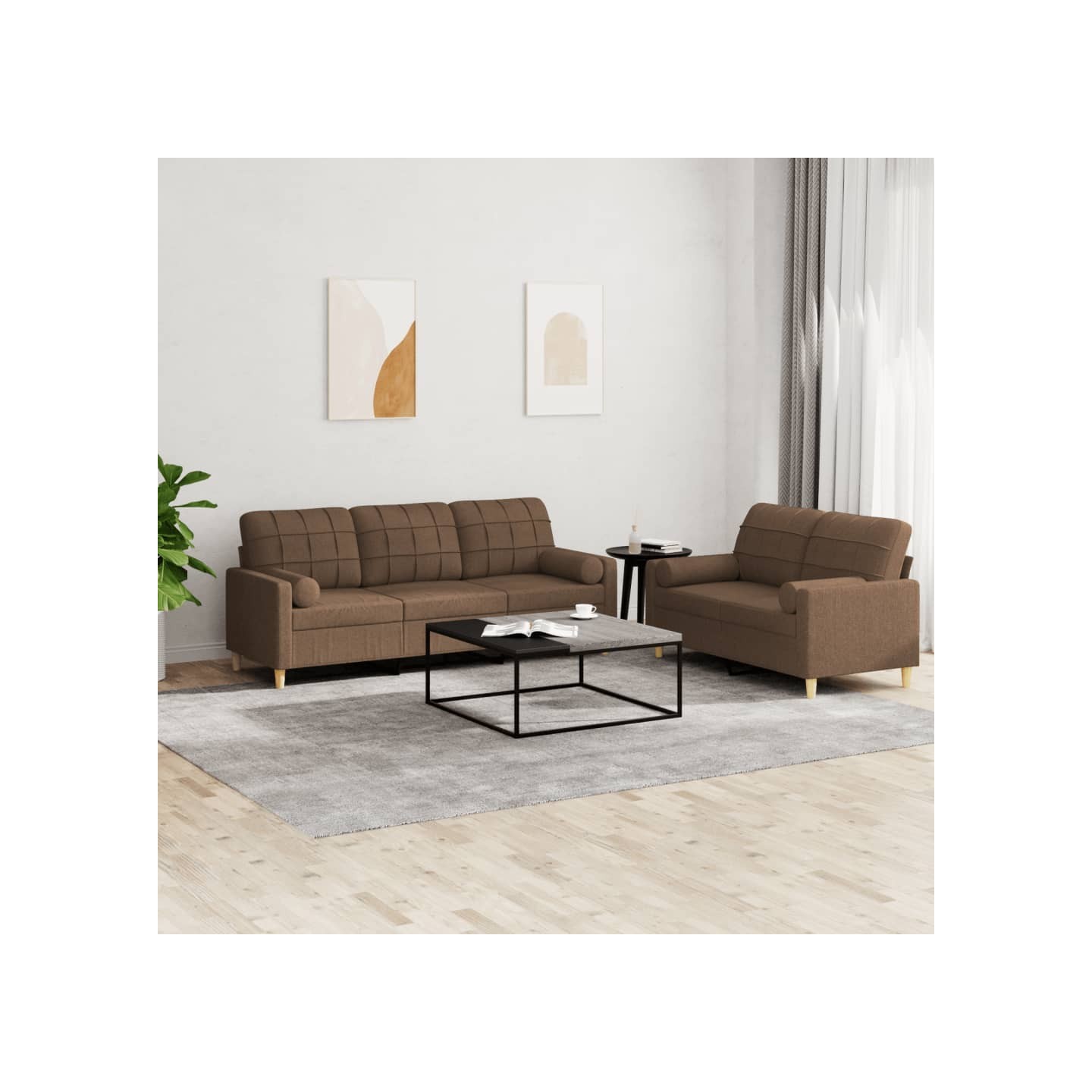 Ensemble de canapés 2 pcs avec coussins marron tissu