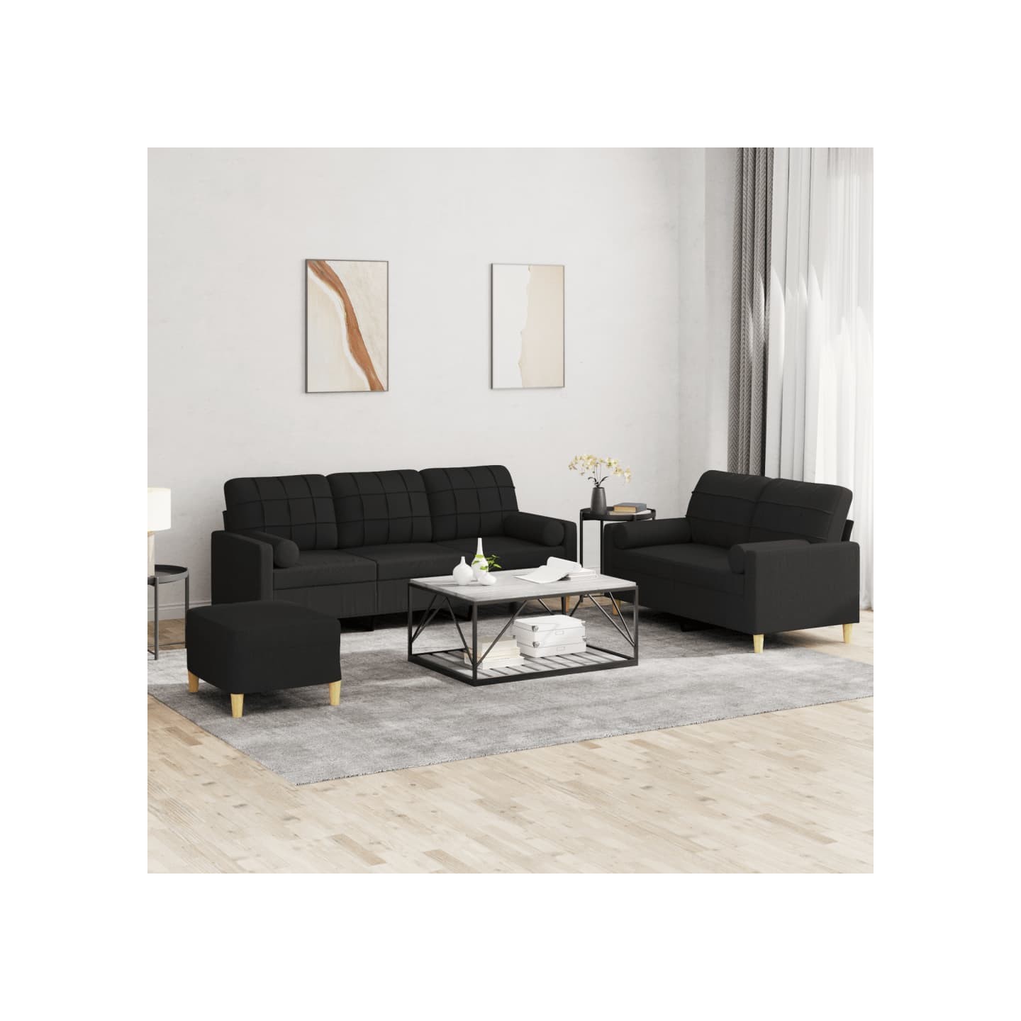Ensemble de canapés 3 pcs avec coussins noir tissu