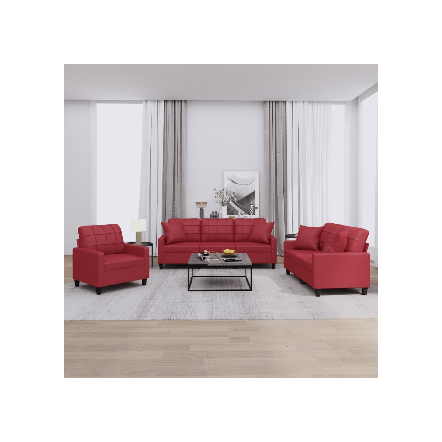 Ensemble de canapés 3 pcs et coussins rouge bordeaux similicuir