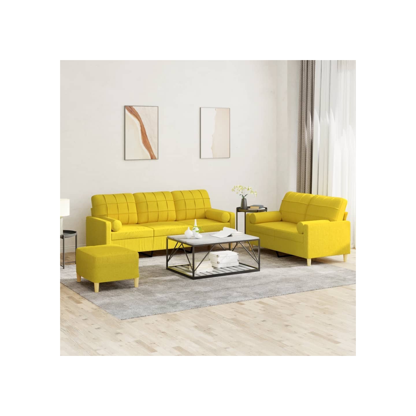 Ensemble de canapés 3 pcs avec coussins jaune clair tissu