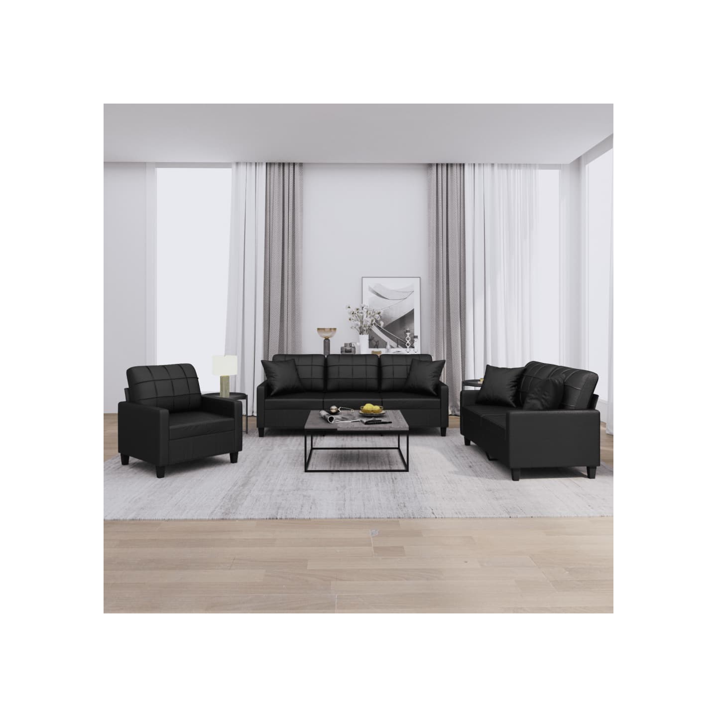 Ensemble de canapés 3 pcs avec coussins noir similicuir