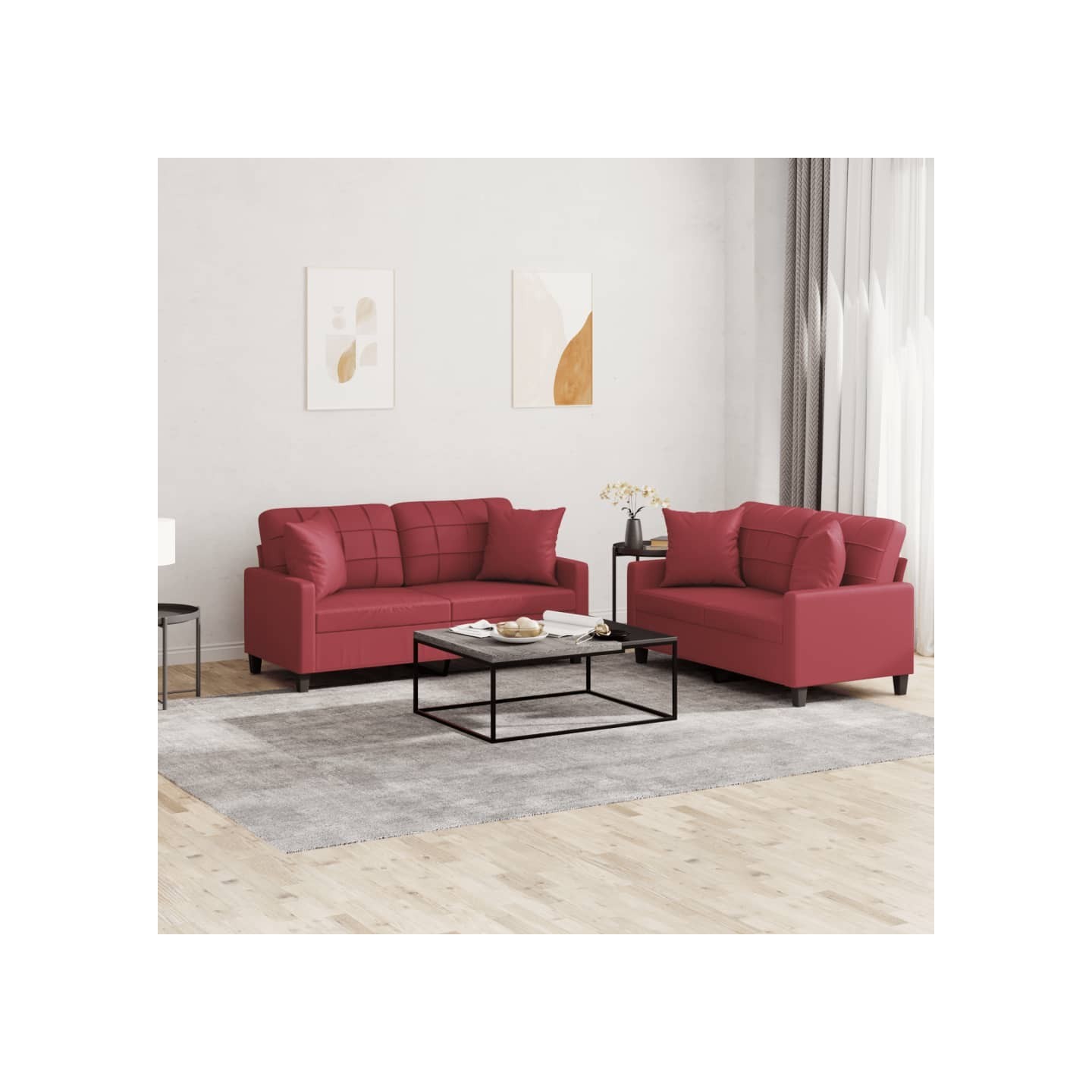 Ensemble de canapés 2 pcs et coussins rouge bordeaux similicuir