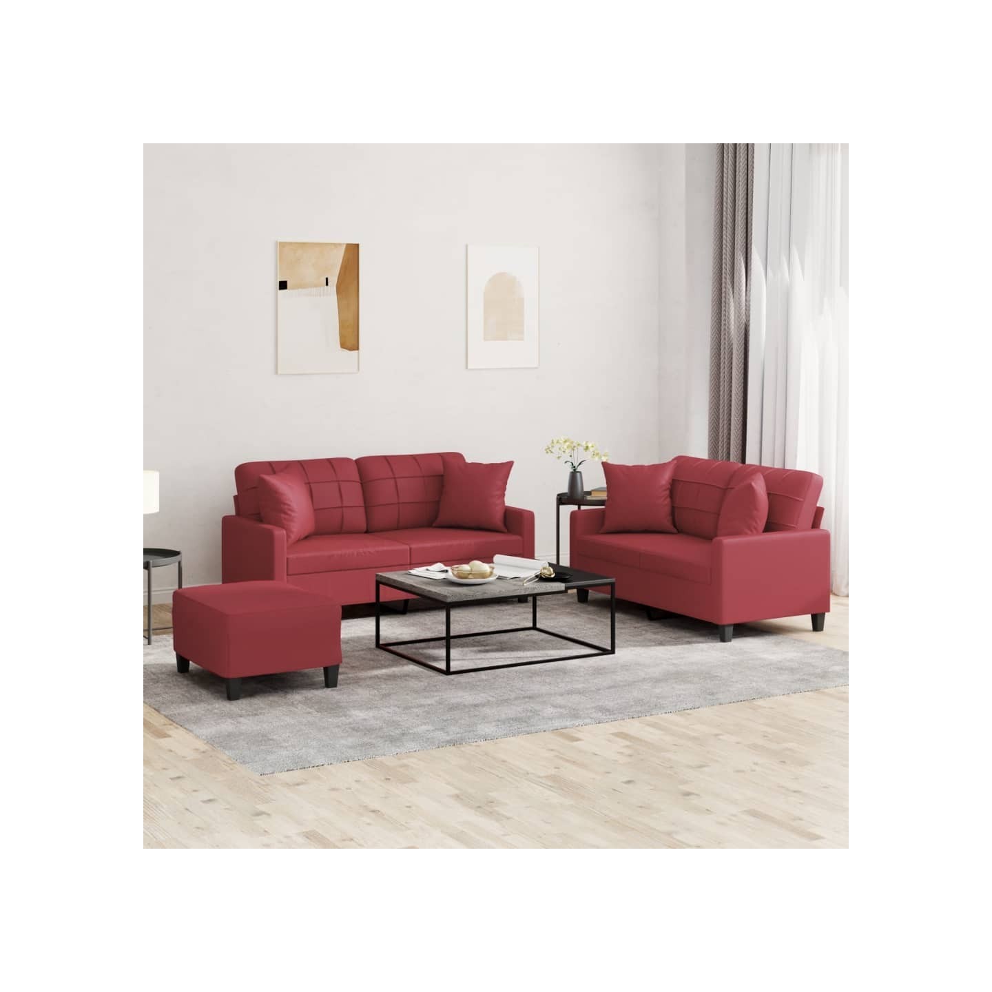 Ensemble de canapés 3 pcs et coussins rouge bordeaux similicuir