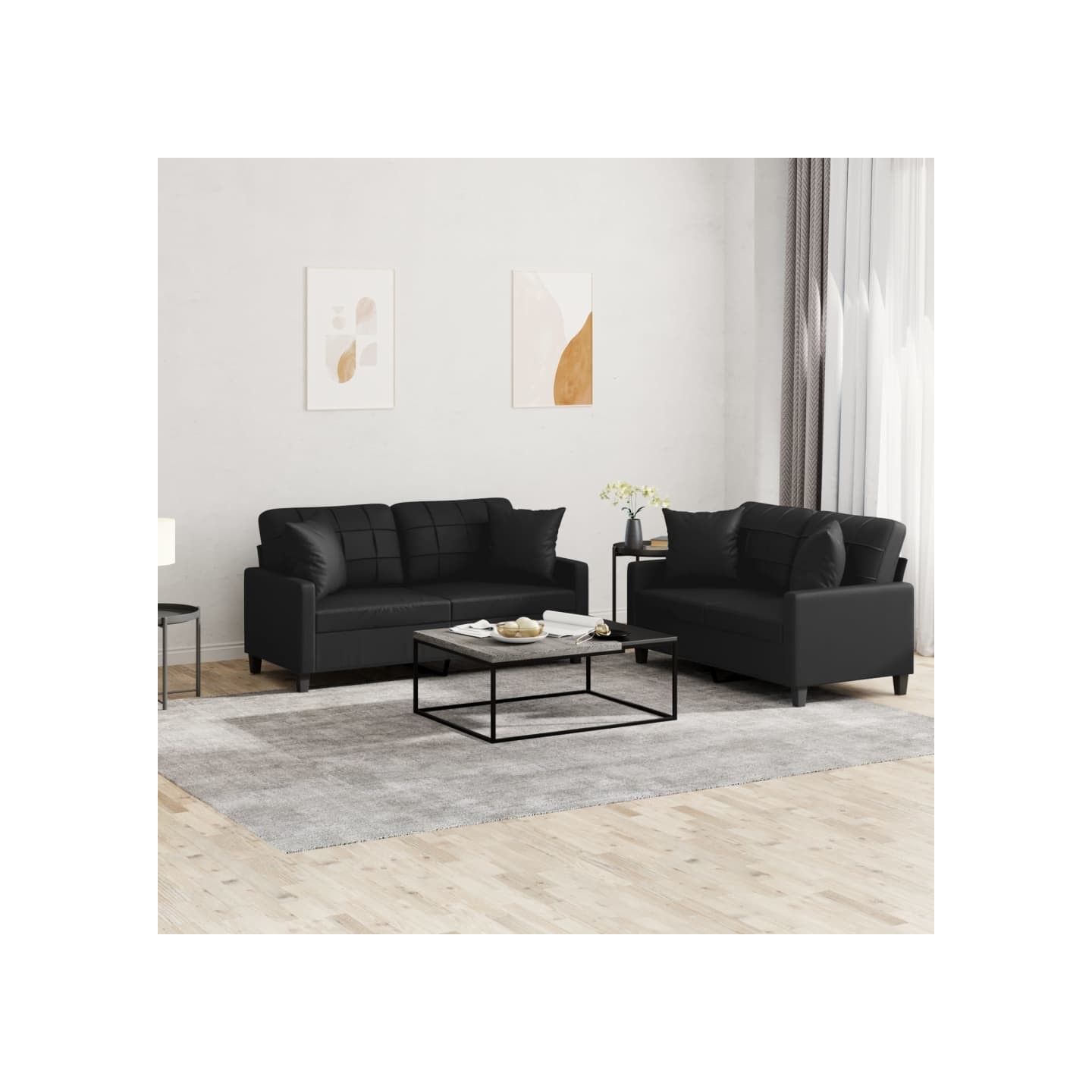 Ensemble de canapés 2 pcs avec coussins noir similicuir