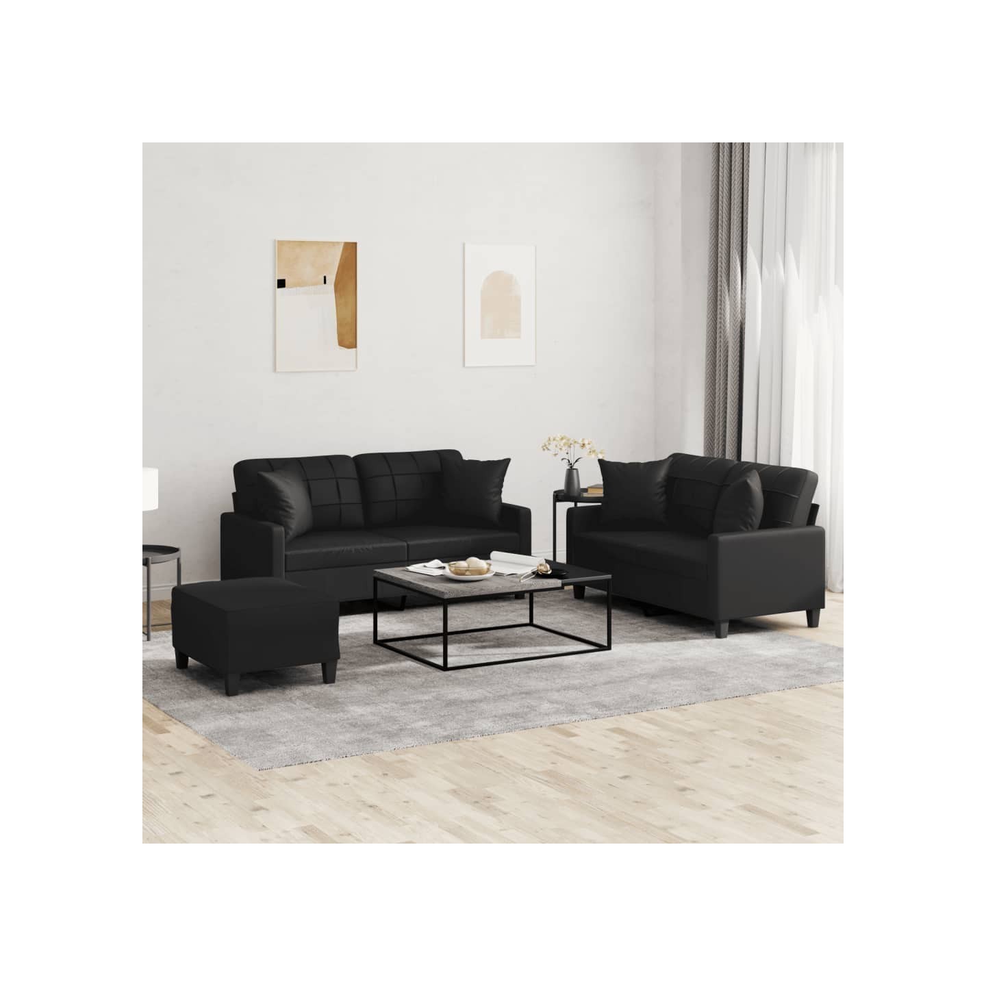 Ensemble de canapés 3 pcs avec coussins noir similicuir