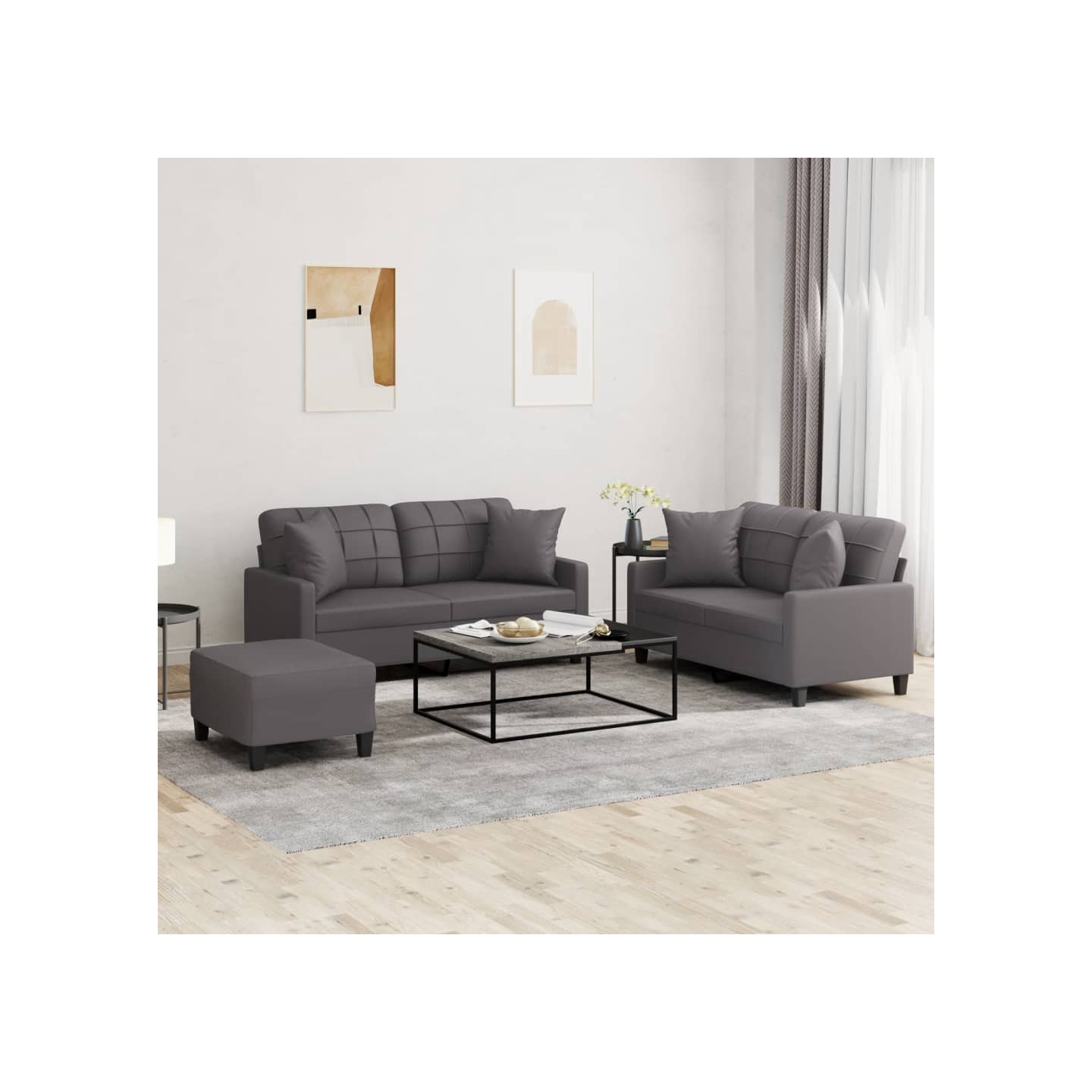 Ensemble de canapés 3 pcs avec coussins gris similicuir