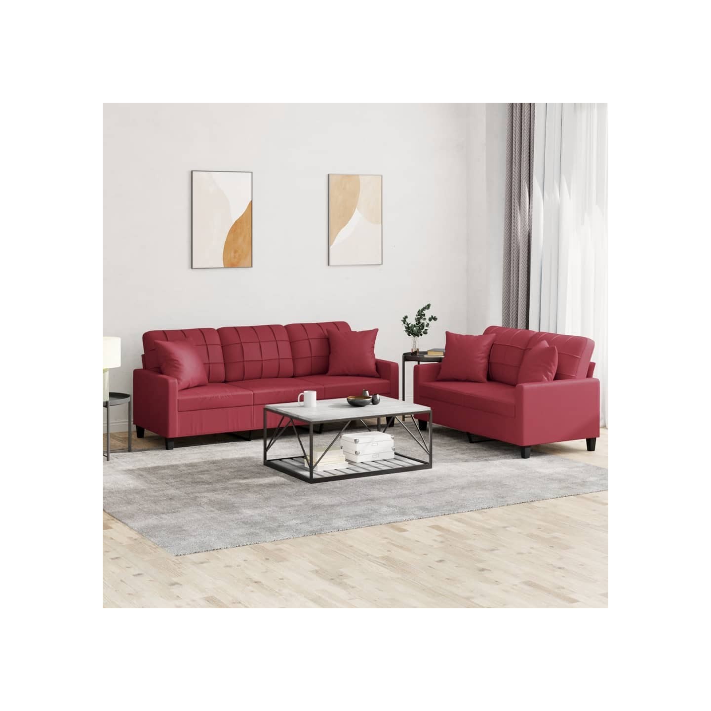 Ensemble de canapés 2 pcs et coussins rouge bordeaux similicuir